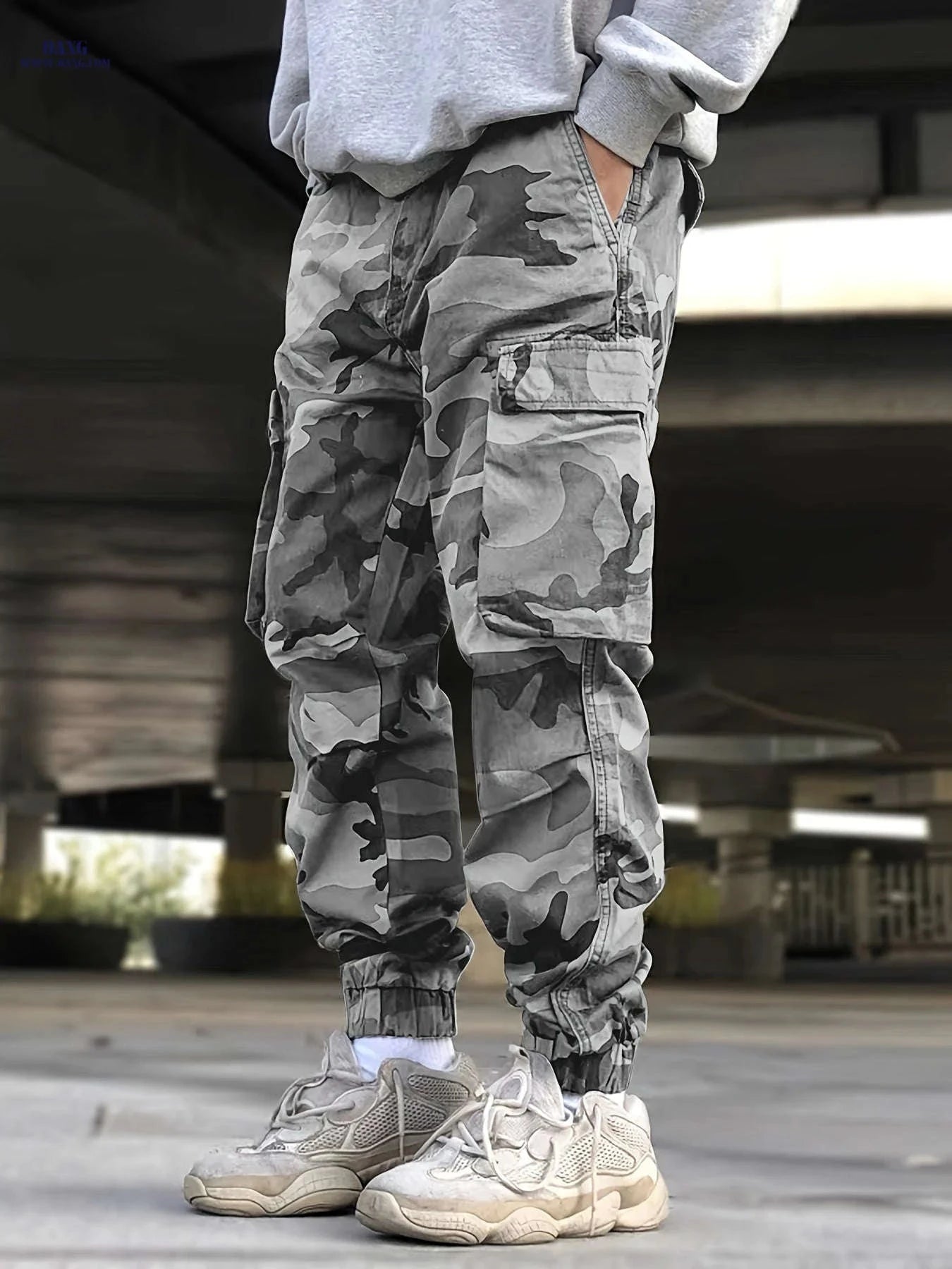 Men's Camo Print Cargo Pants - All-Season Elastic Waist, Multi-Pocket   OAXG Camouflage Color / FR S