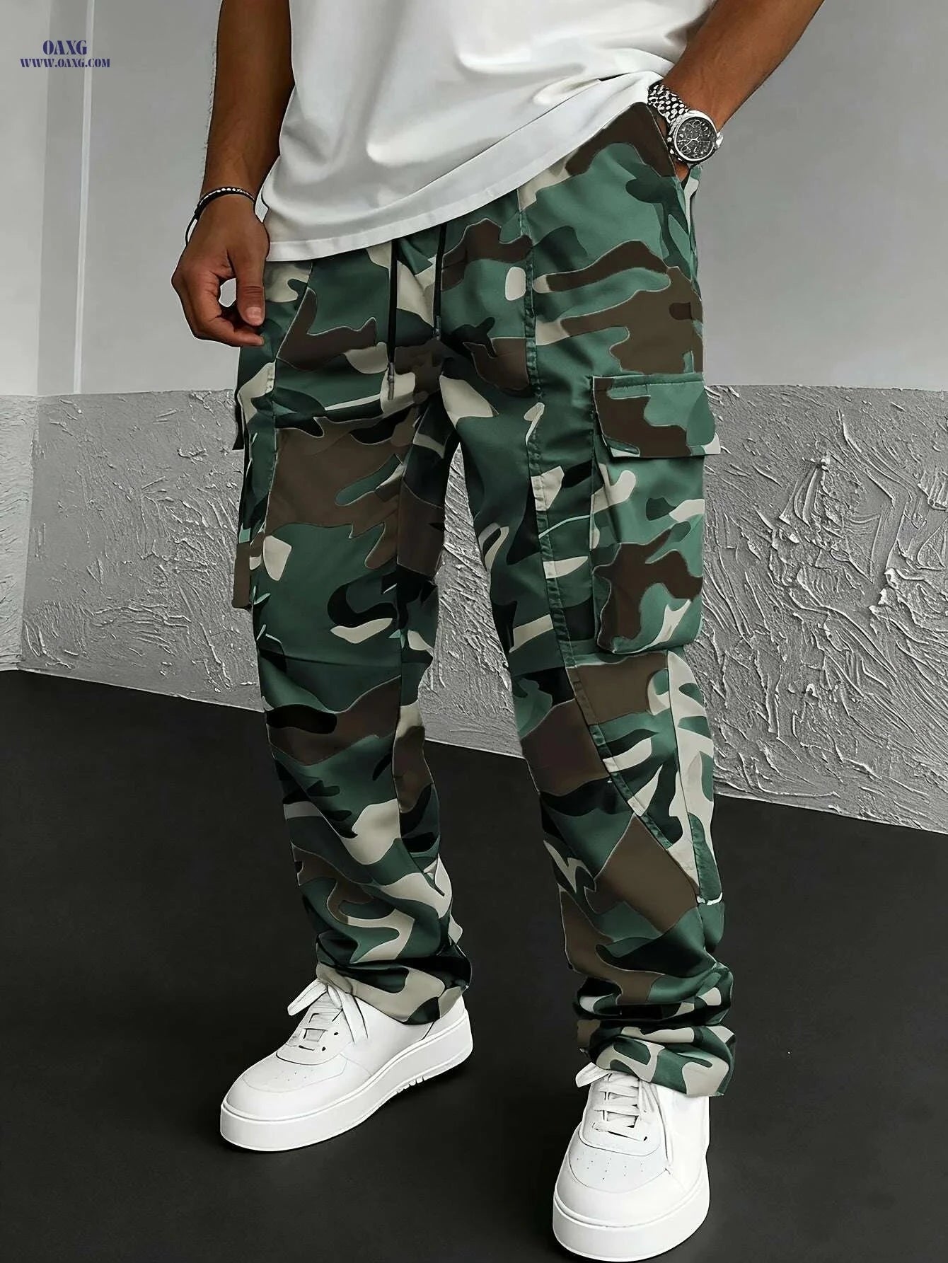 Men's Camo Print Cargo Pants - Loose-Fit with Drawstring Waist   OAXG 