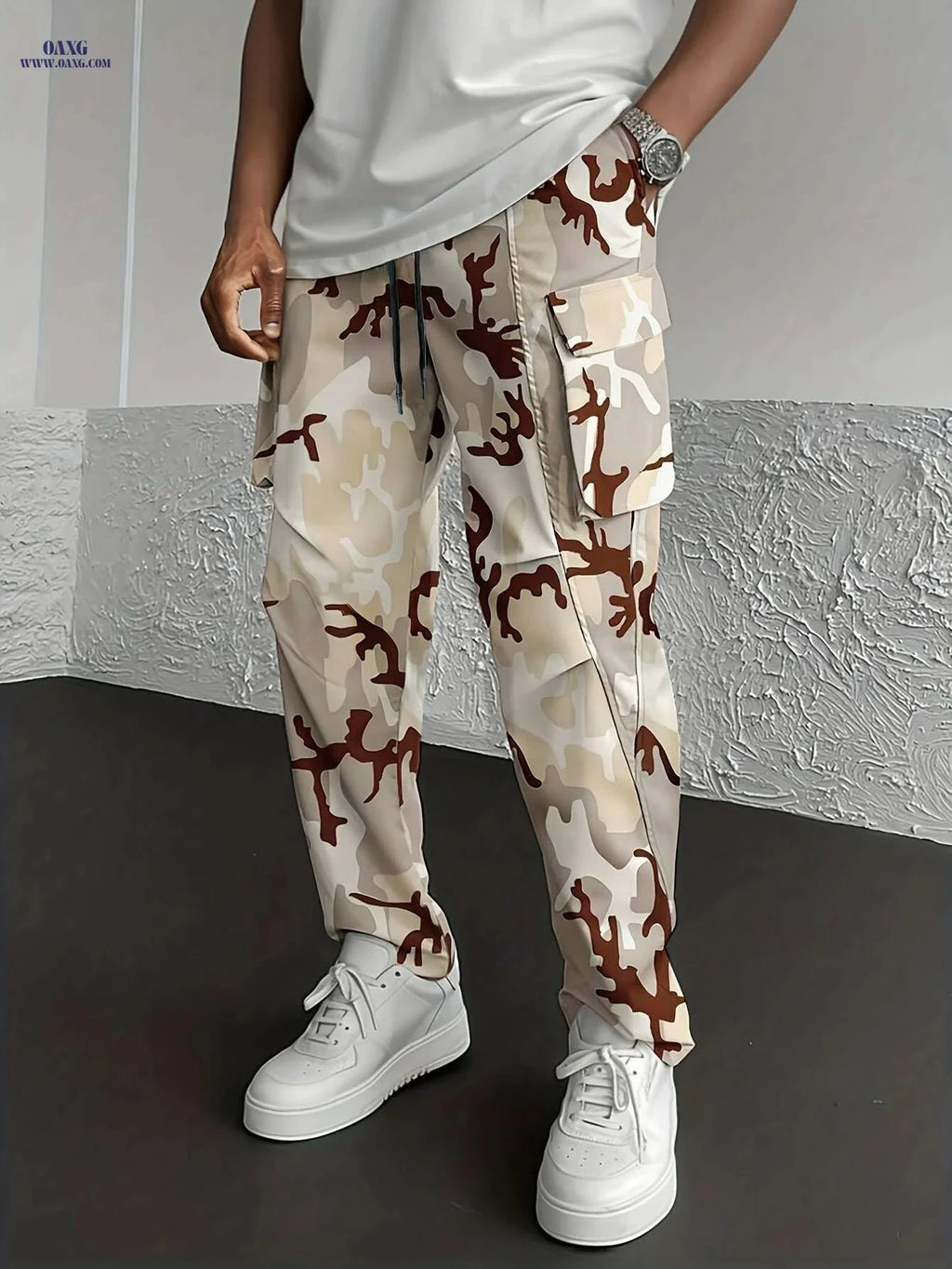 Men's Camo Print Cargo Pants - Loose-Fit with Drawstring Waist   OAXG 