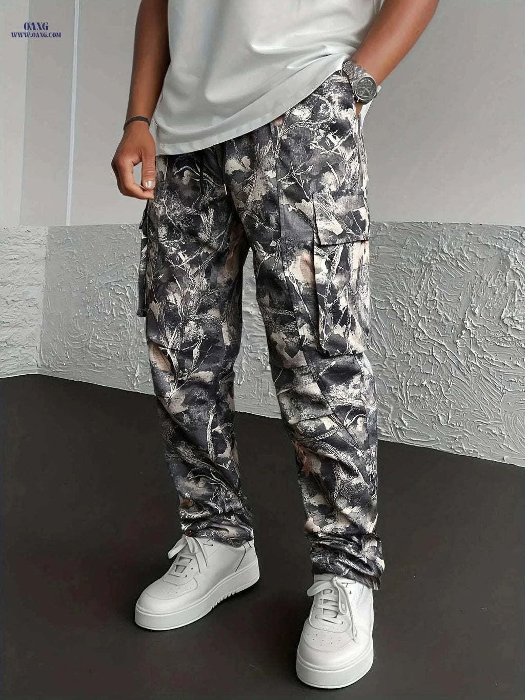 Men's Camo Print Cargo Pants - Loose-Fit with Drawstring Waist   OAXG Grey Camouflage / S