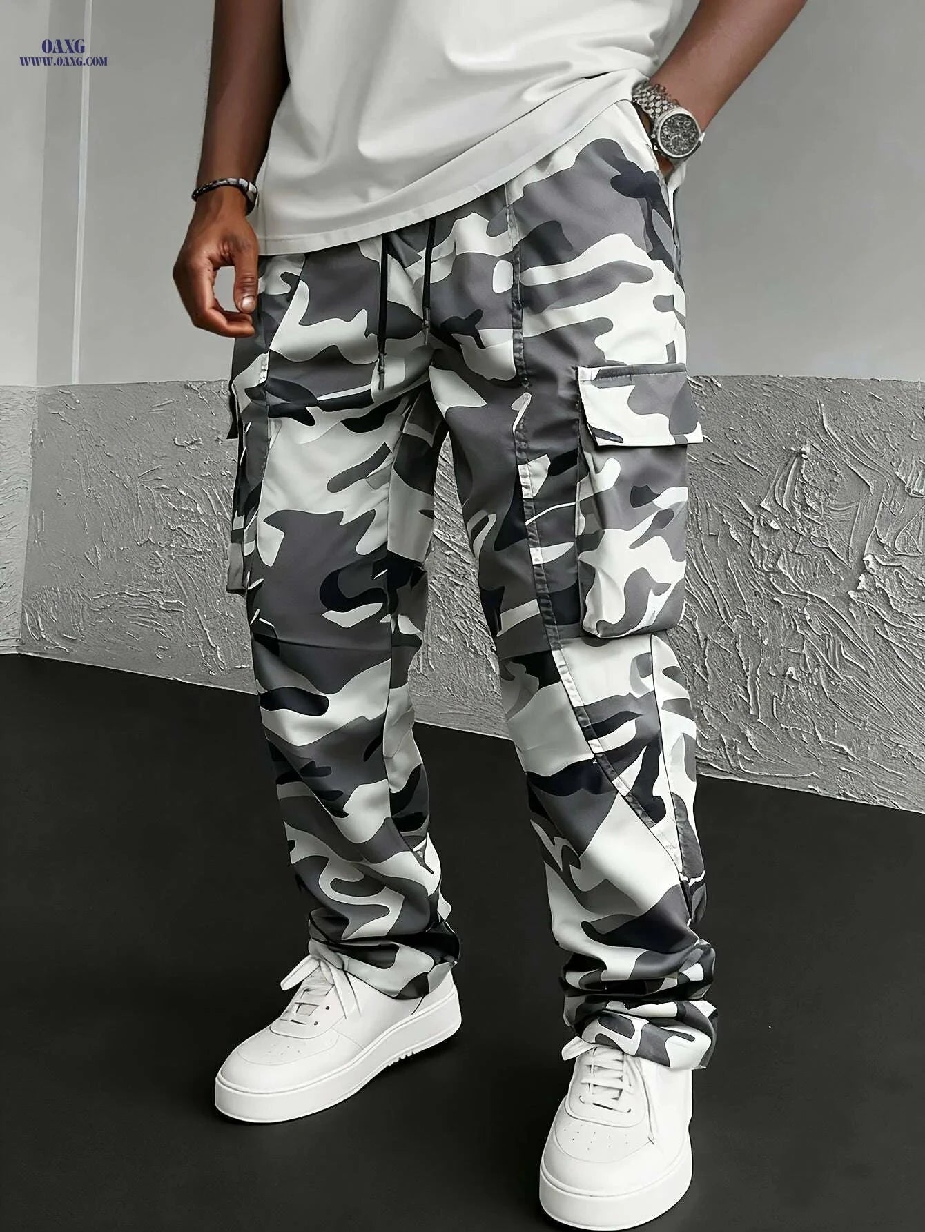 Men's Camo Print Cargo Pants - Loose-Fit with Drawstring Waist   OAXG Grey Camouflage / S