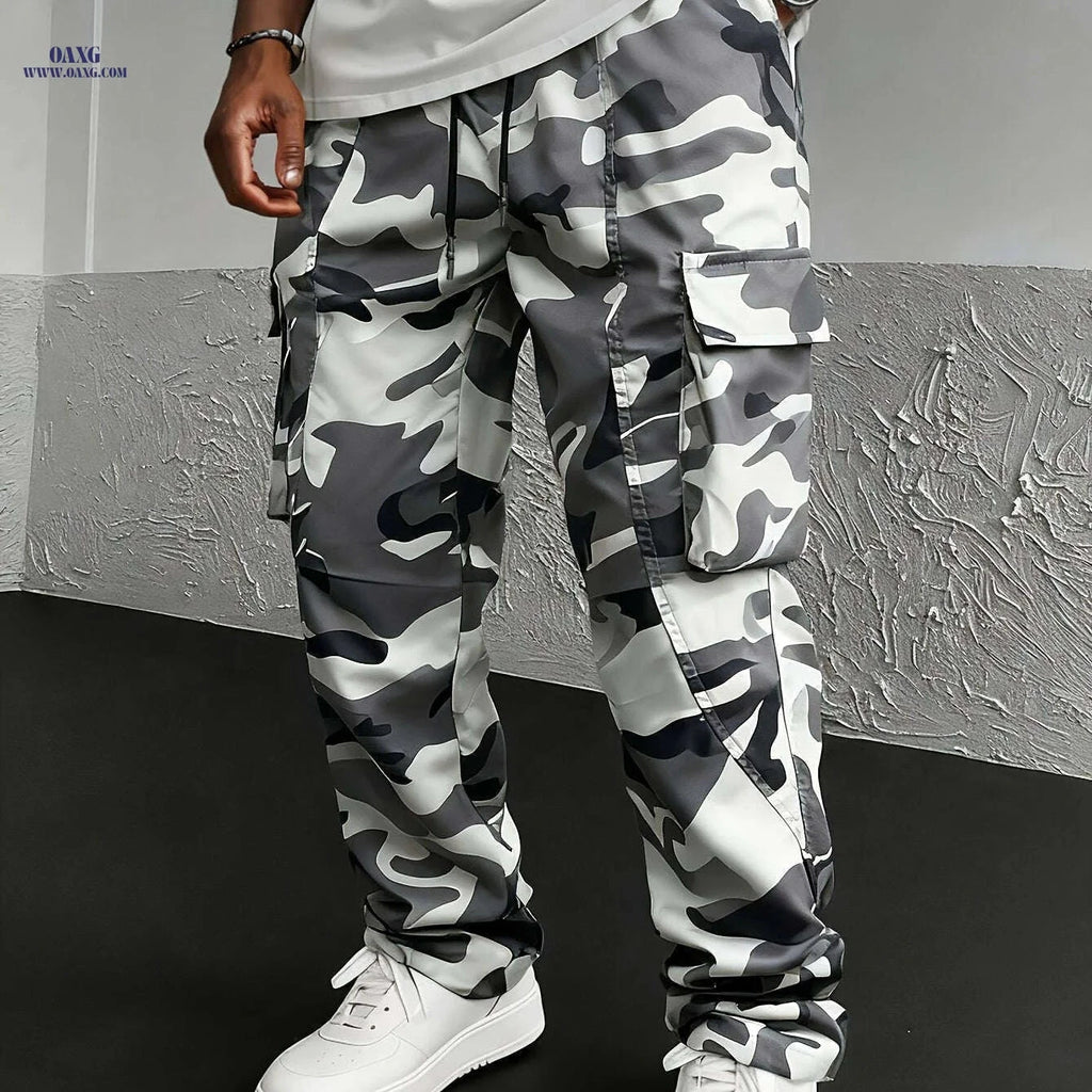 Men's Camo Print Cargo Pants - Loose-Fit with Drawstring Waist   OAXG Grey Camouflage / S
