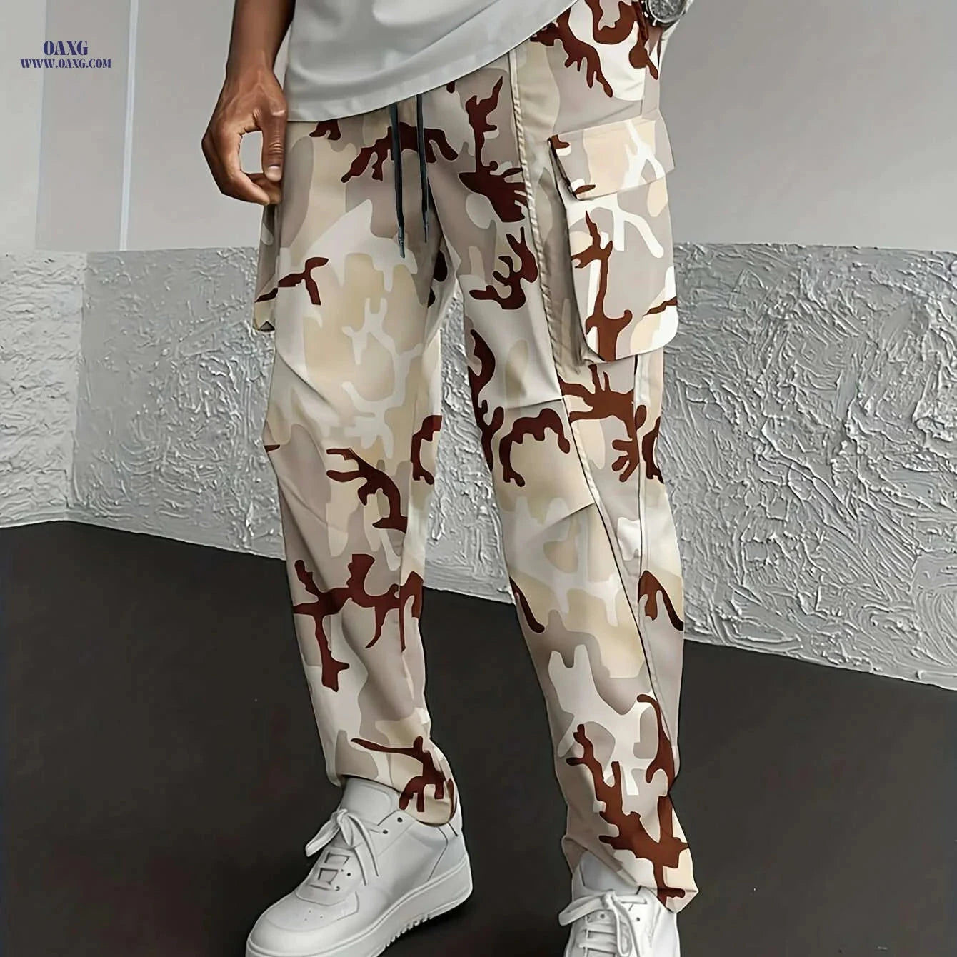 Men's Camo Print Cargo Pants - Loose-Fit with Drawstring Waist   OAXG Grey Camouflage / S