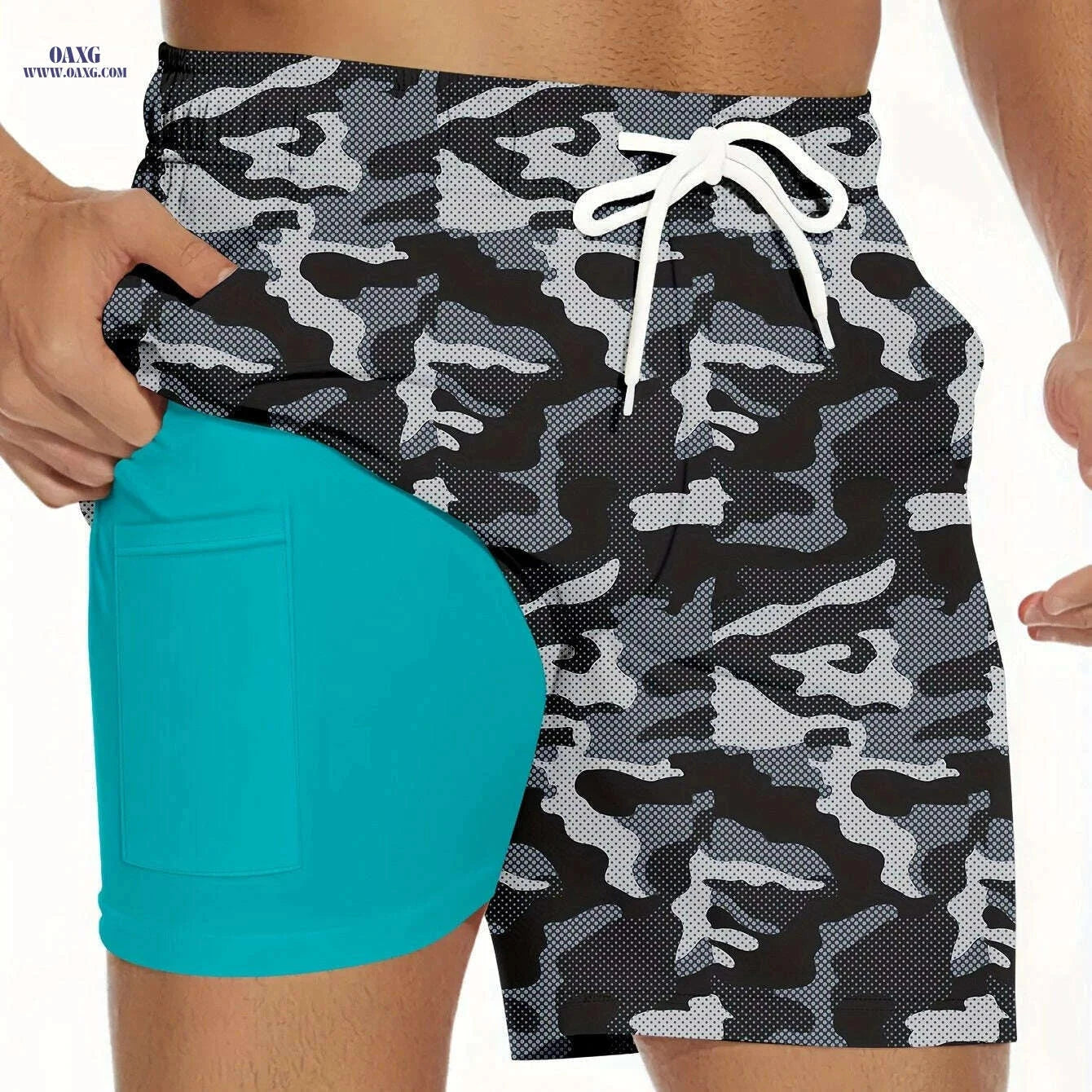 Men's Camouflage Beach Shorts - Lightweight, Quick-Dry with Turquoise Pockets   OAXG 