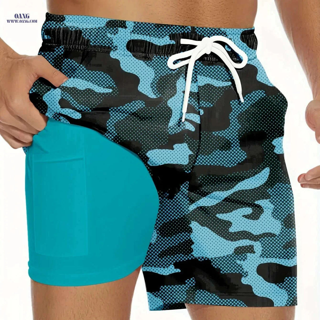 Men's Camouflage Beach Shorts - Lightweight, Quick-Dry with Turquoise Pockets   OAXG Sky Blue / S