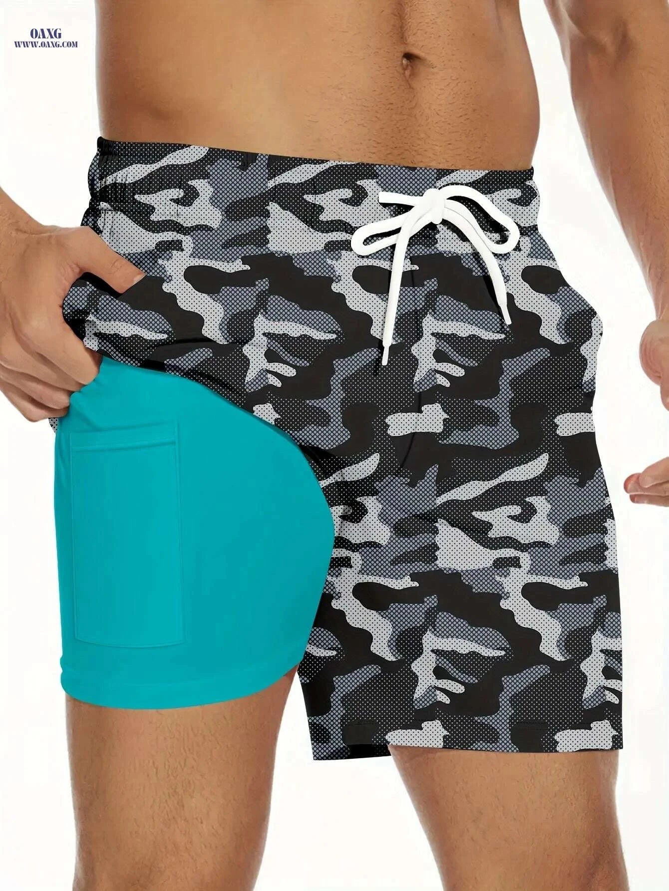 Men's Camouflage Beach Shorts - Lightweight, Quick-Dry with Turquoise Pockets   OAXG Sky Blue / S