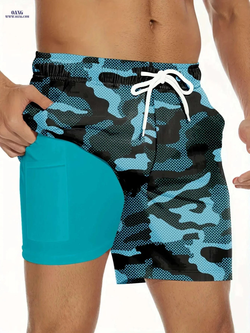 Men's Camouflage Beach Shorts - Lightweight, Quick-Dry with Turquoise Pockets   OAXG Sky Blue / S