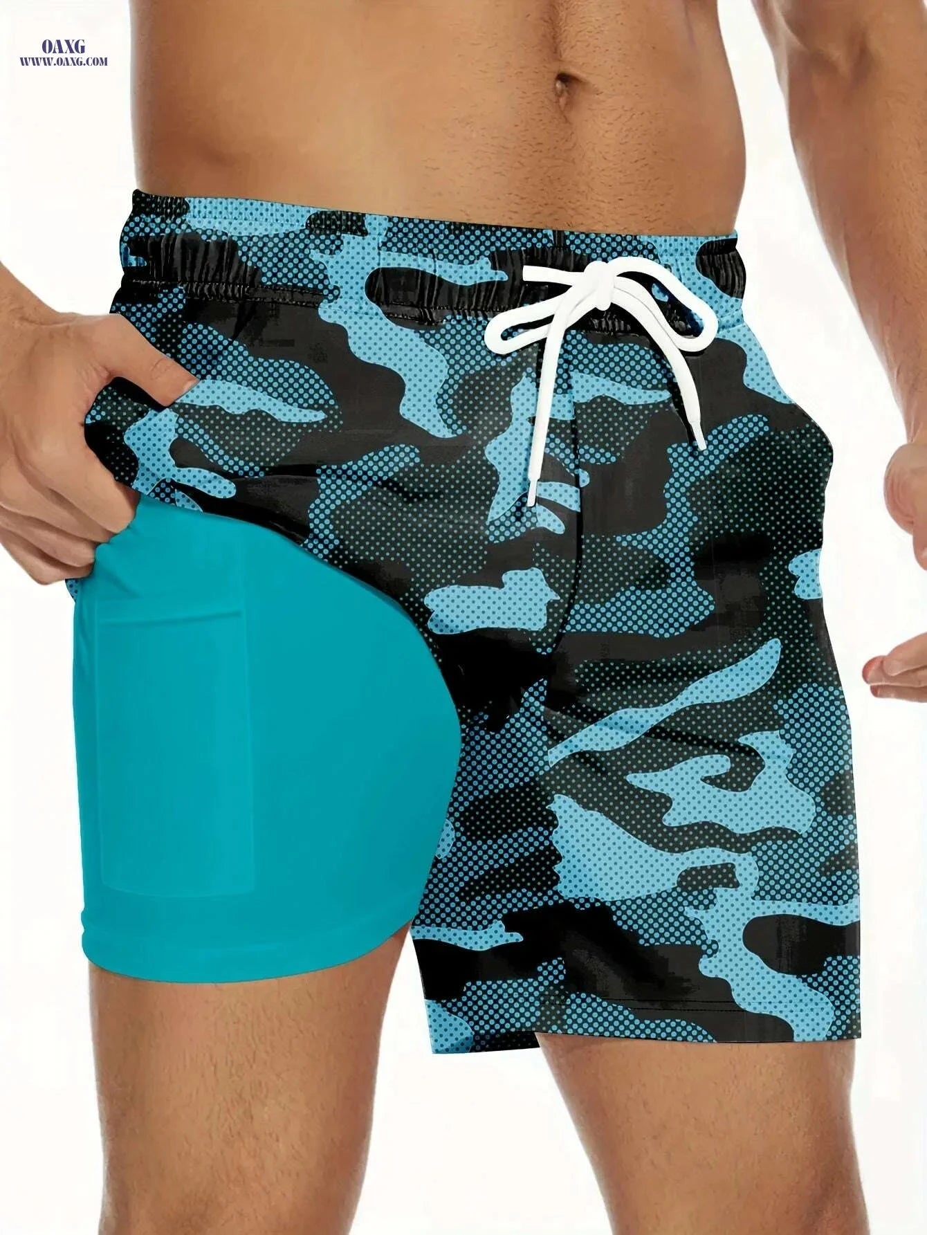 Men's Camouflage Beach Shorts - Lightweight, Quick-Dry with Turquoise Pockets   OAXG Sky Blue / S
