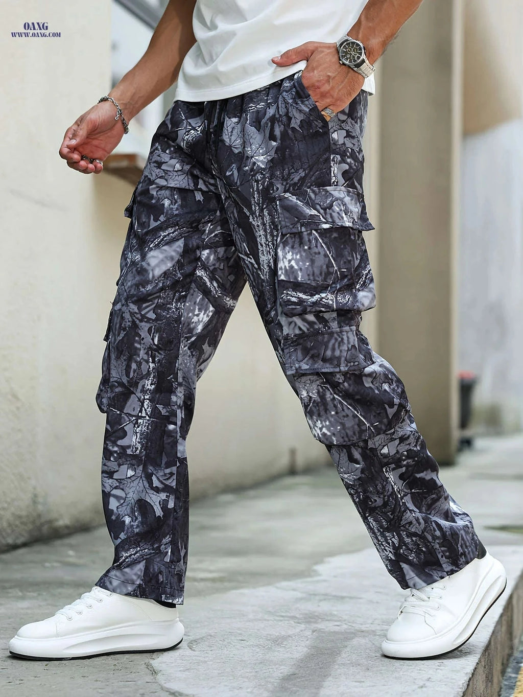 Men's Camouflage Cargo Pants - Casual Regular Fit with Pockets   OAXG Dark Gray / FR XS