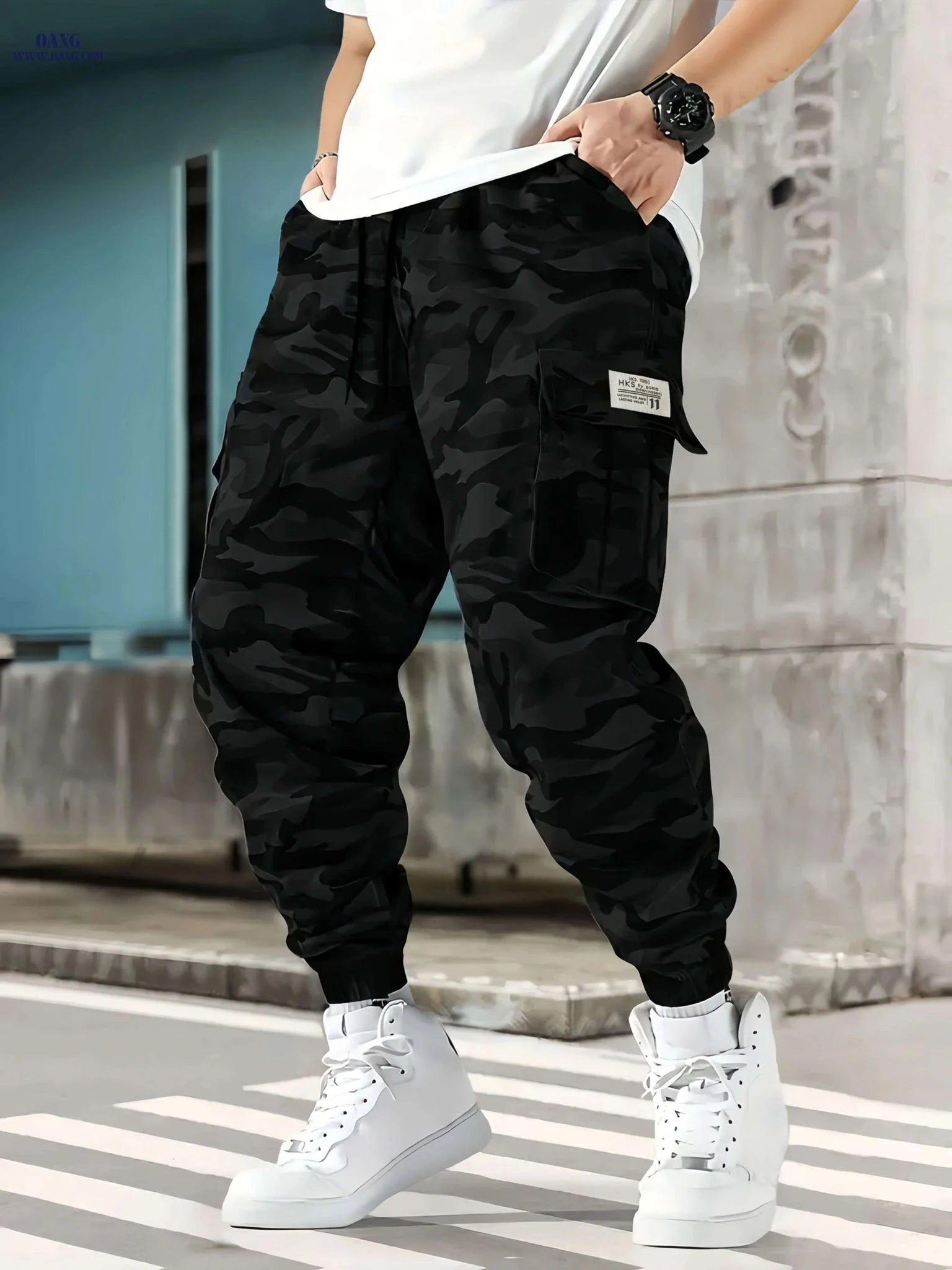 Men's Camouflage Cargo Pants - Loose Fit, Drawstring, All-Season   OAXG 