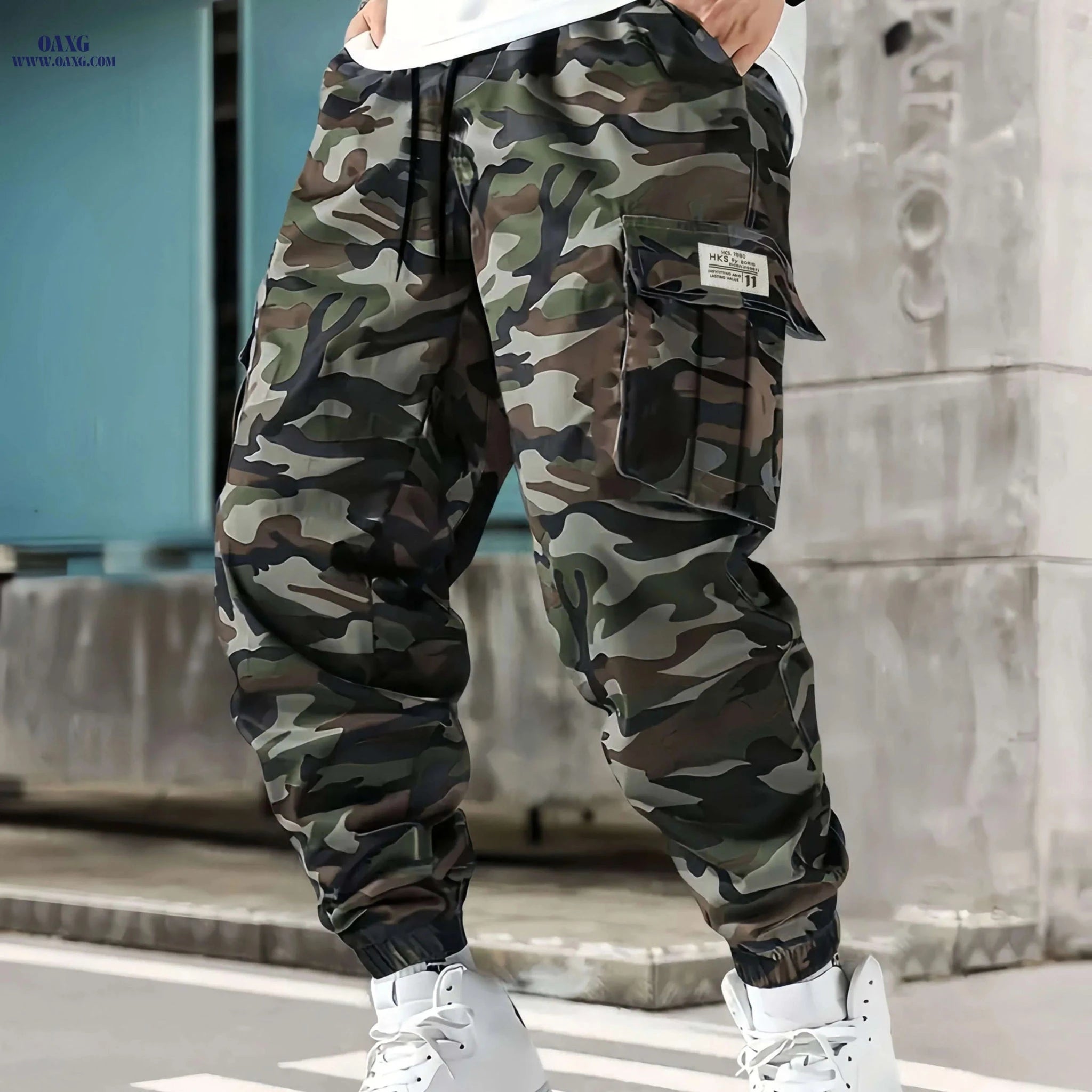 Men's Camouflage Cargo Pants - Loose Fit, Drawstring, All-Season   OAXG 