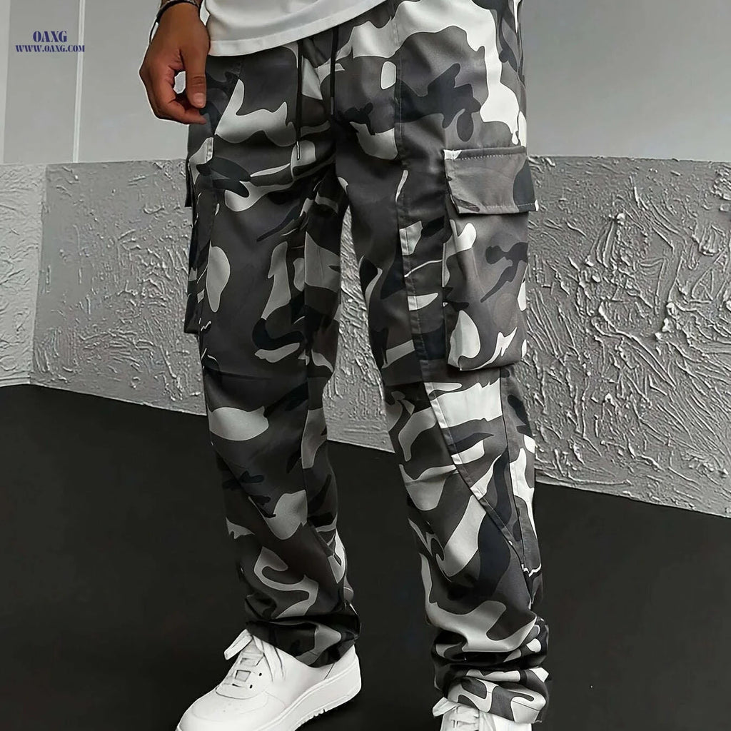 Men’s Camouflage Cargo Pants - Loose Fit, Multiple Pockets, All-Season   OAXG Grey Camouflage / S