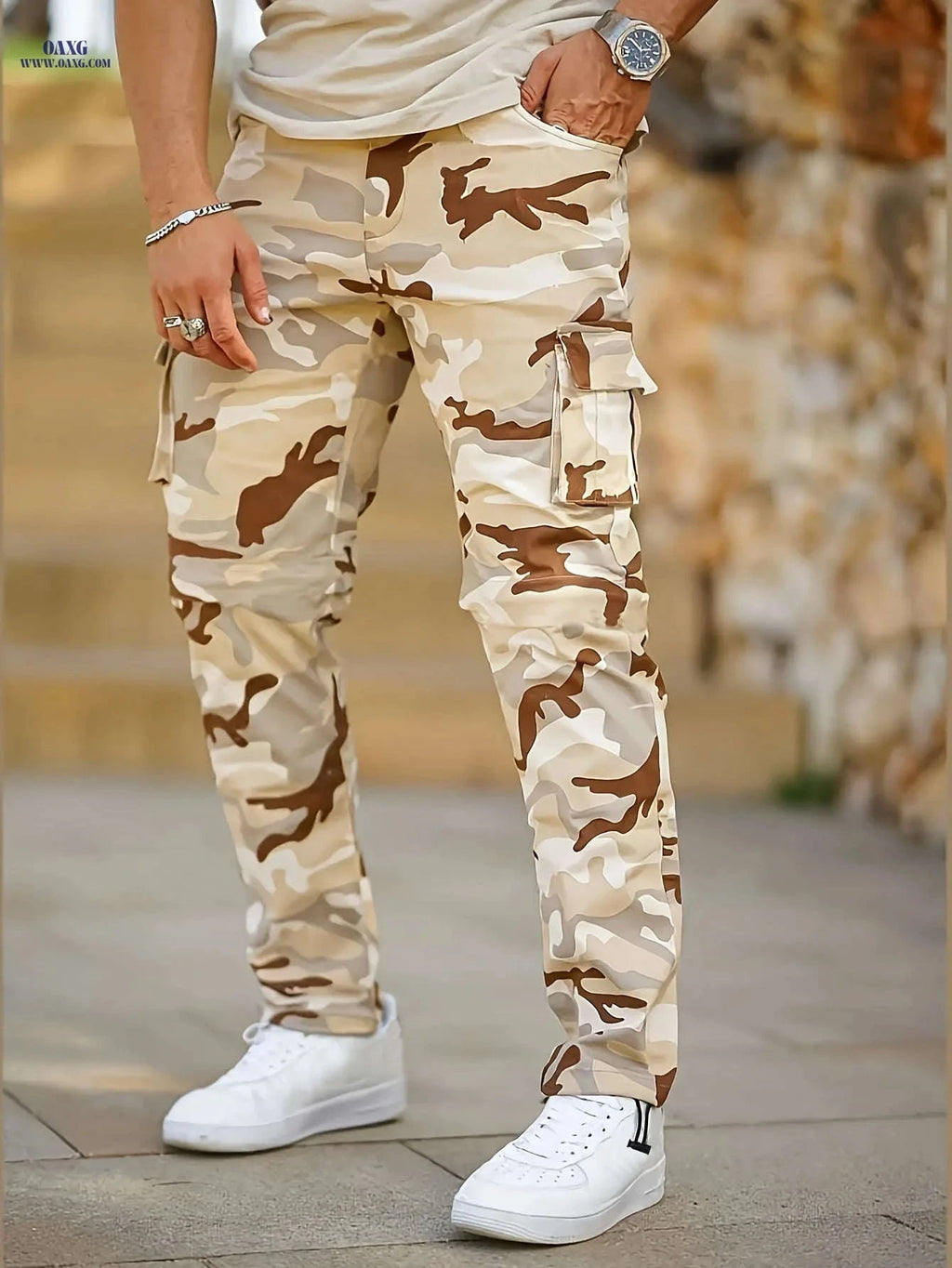 Men’s Camouflage Cargo Pants - Loose-Fitting for Hiking & Casual Wear   OAXG Army Green Camouflage / FR S