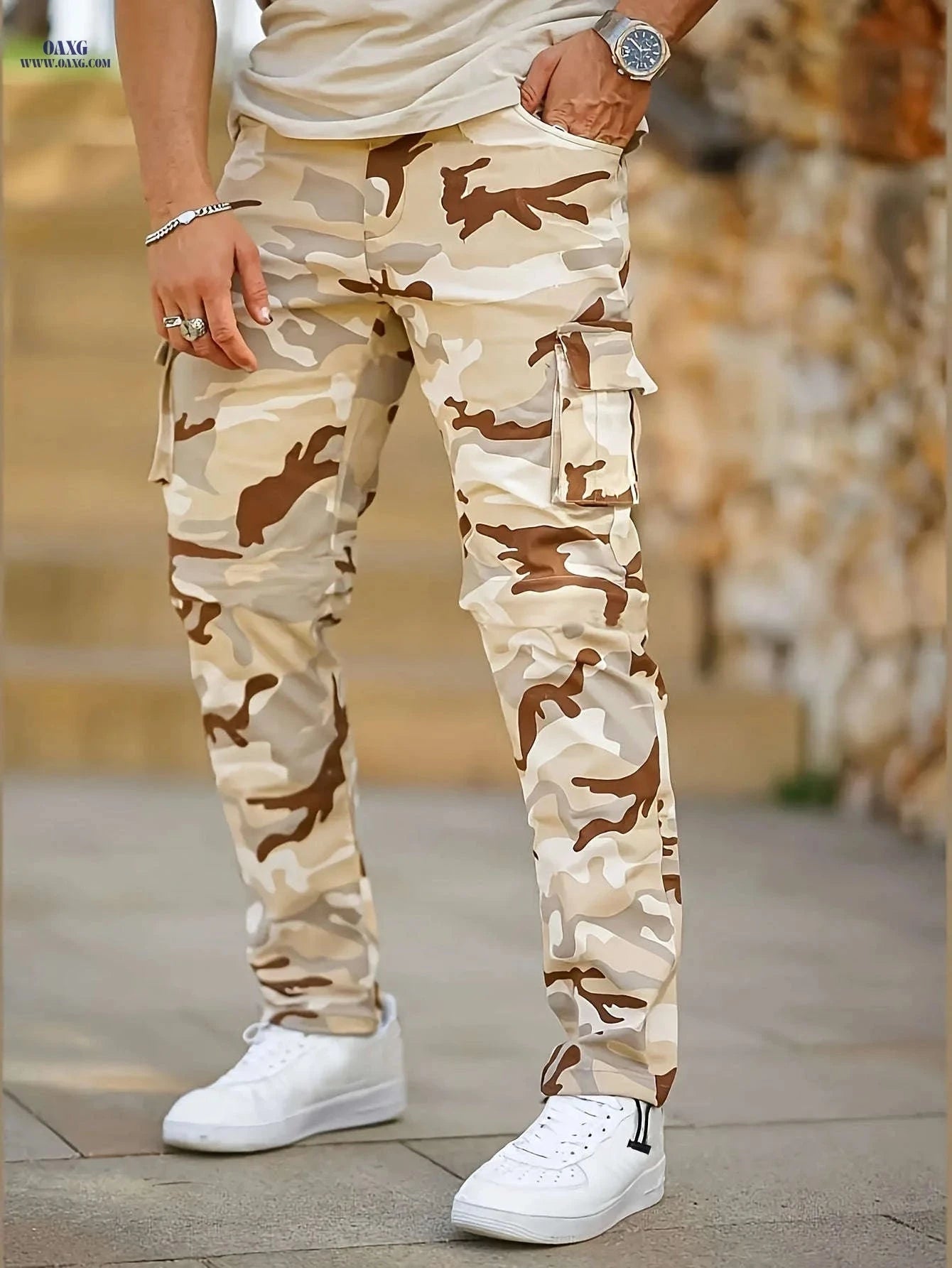 Men’s Camouflage Cargo Pants - Loose-Fitting for Hiking & Casual Wear   OAXG Army Green Camouflage / FR S