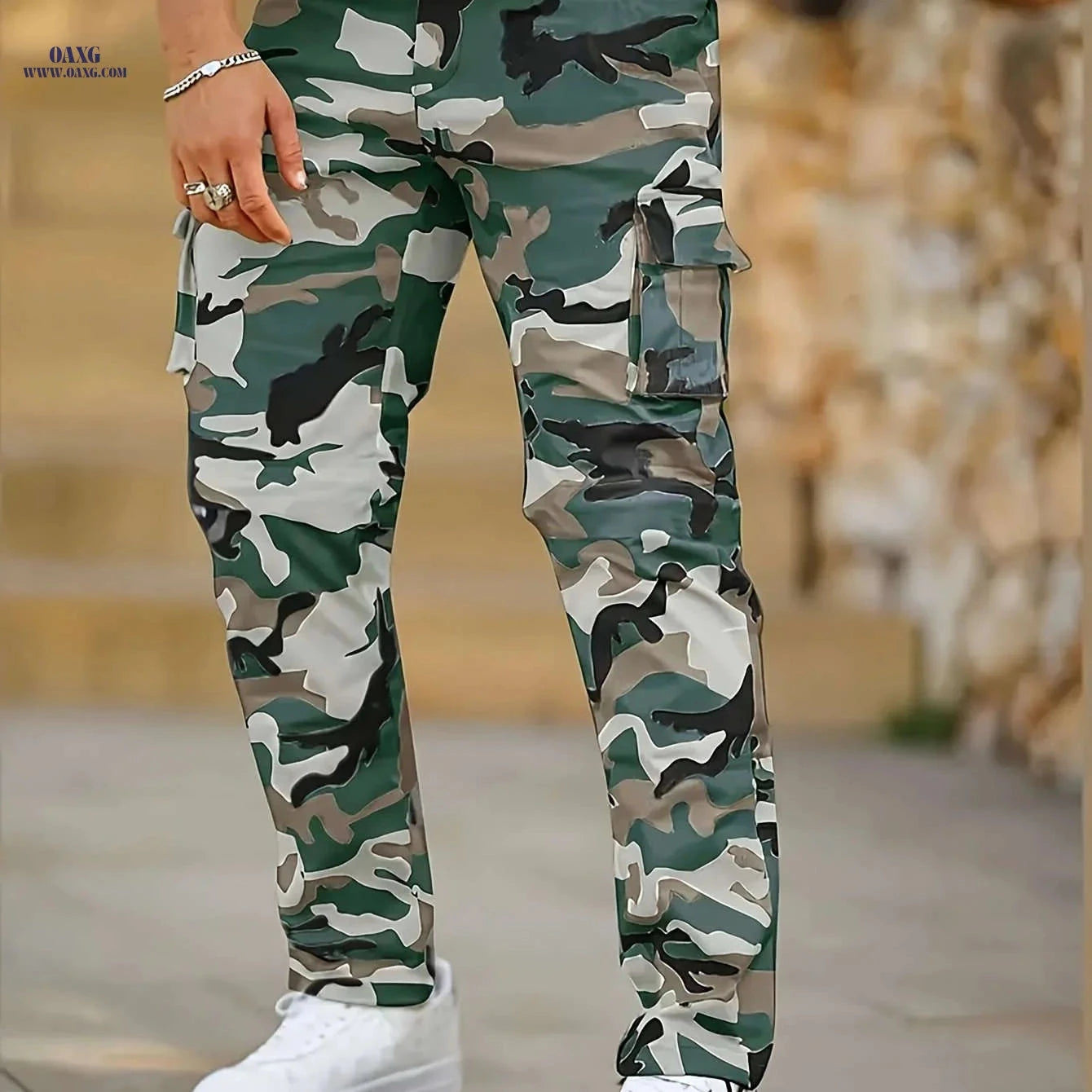 Men’s Camouflage Cargo Pants - Loose-Fitting for Hiking & Casual Wear   OAXG Army Green Camouflage / FR S