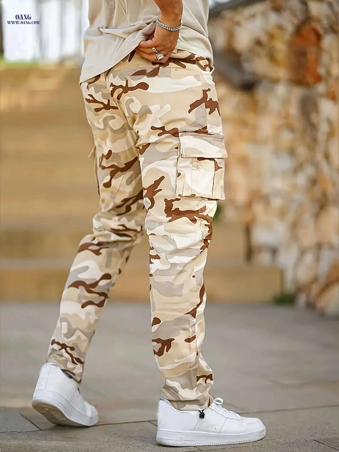 Men’s Camouflage Cargo Pants - Loose-Fitting for Hiking & Casual Wear   OAXG Army Green Camouflage / FR S