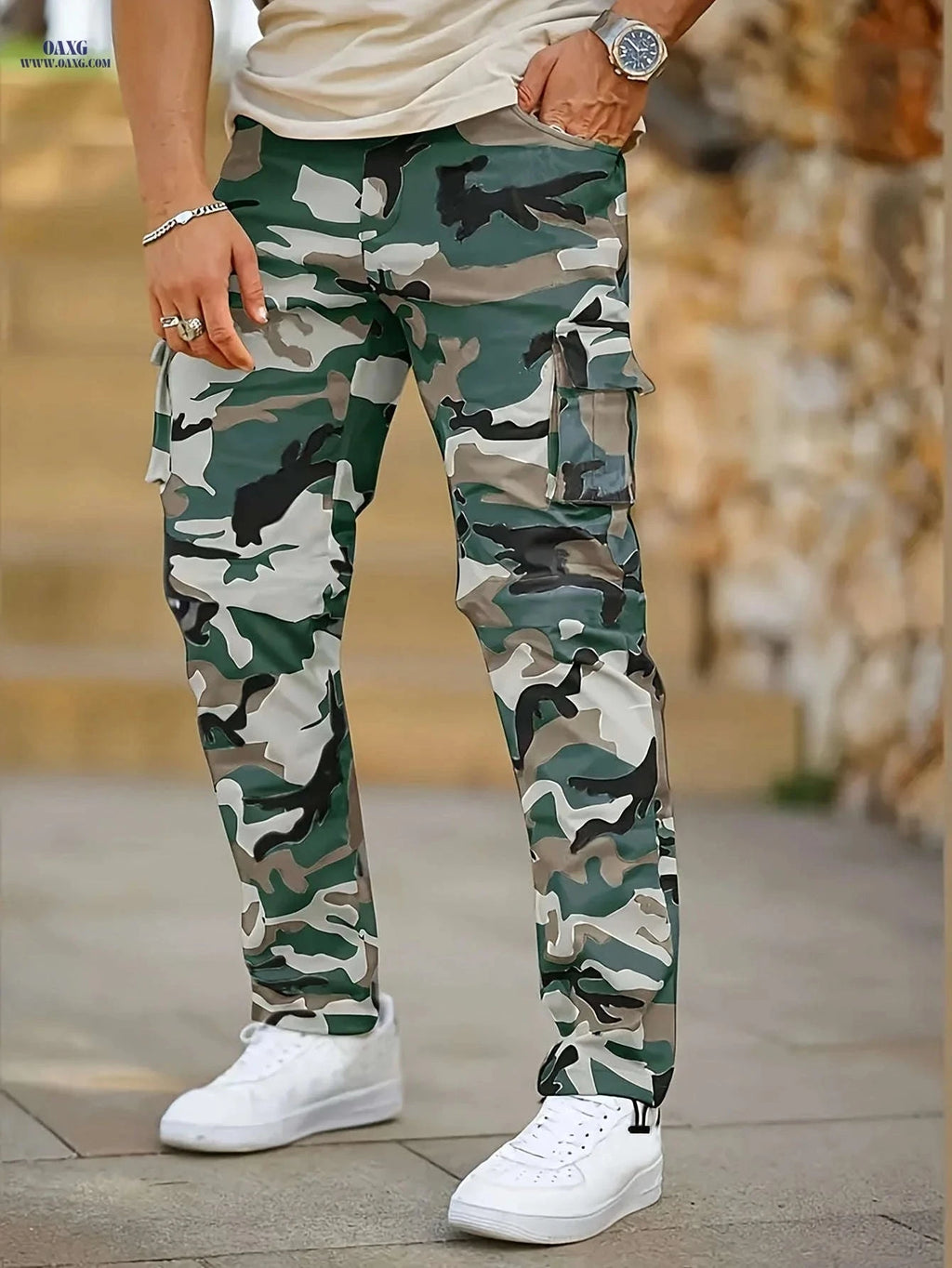 Men’s Camouflage Cargo Pants - Loose-Fitting for Hiking & Casual Wear   OAXG 