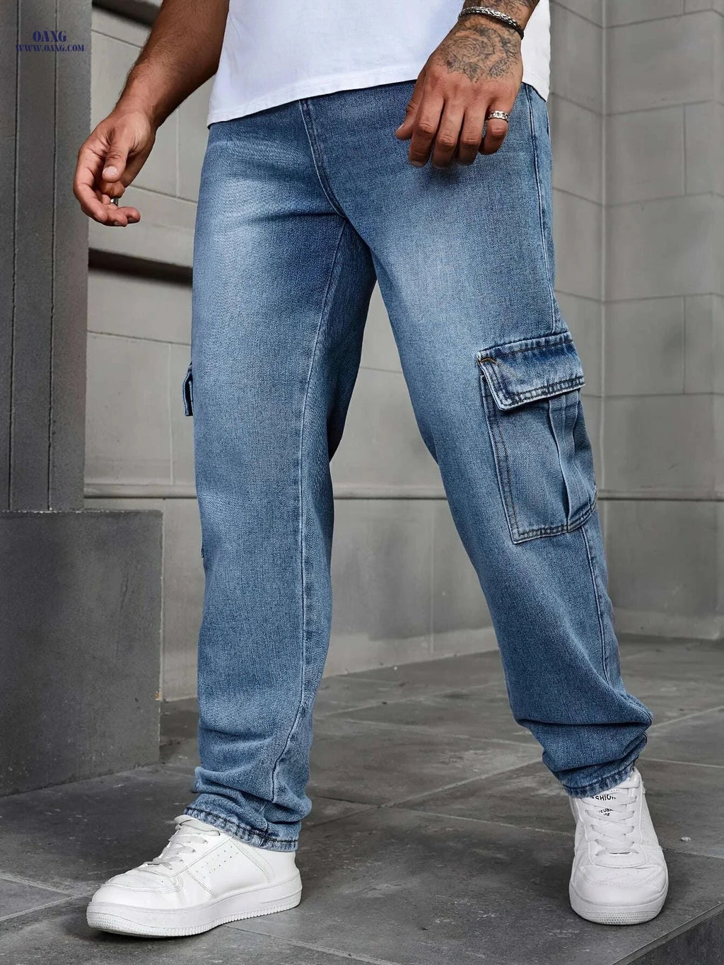 Men's Cargo Jeans - Straight-Leg Workwear with Utility Pockets   OAXG Light Blue / XS