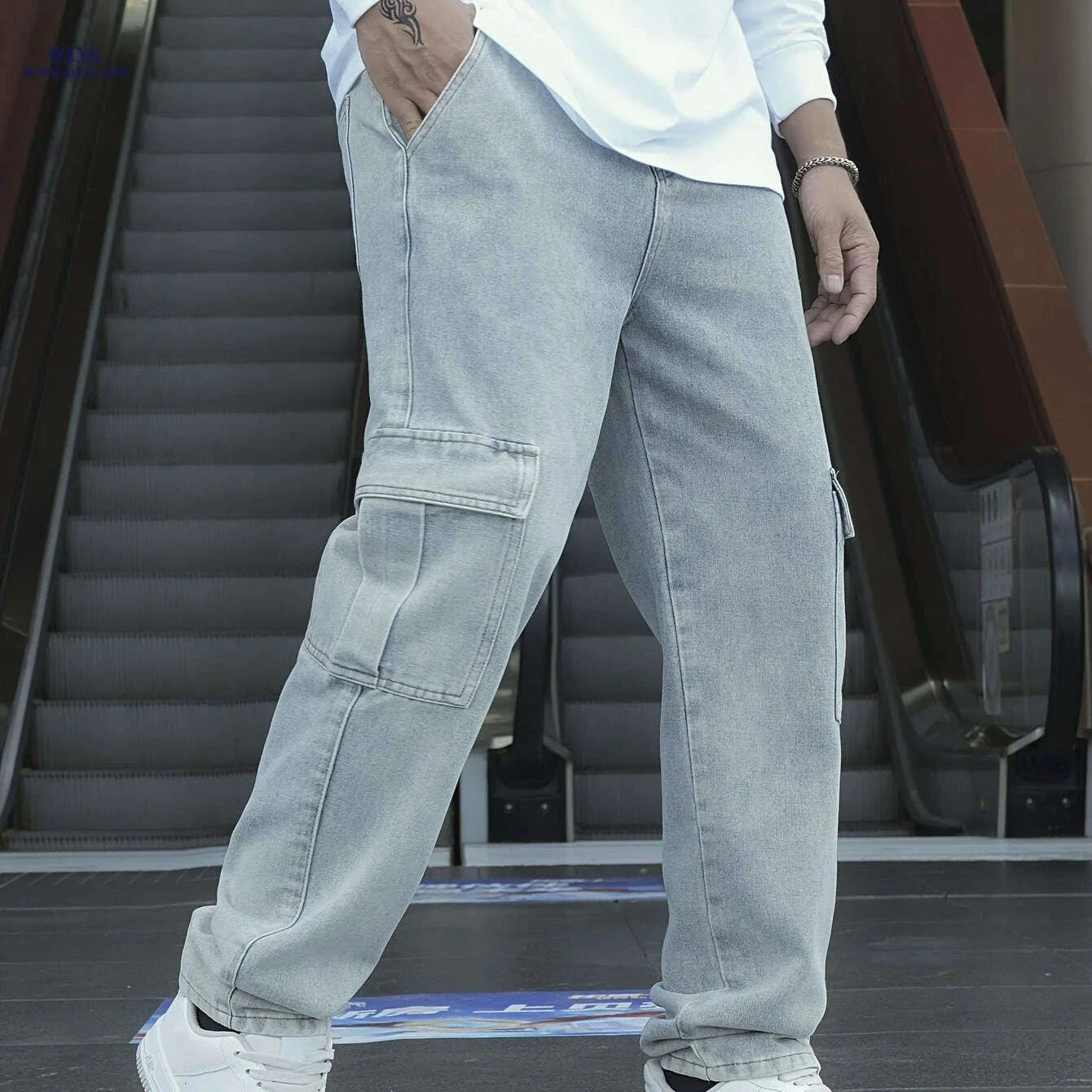 Men's Cargo Jeans - Straight-Leg Workwear with Utility Pockets   OAXG Light Blue / XS