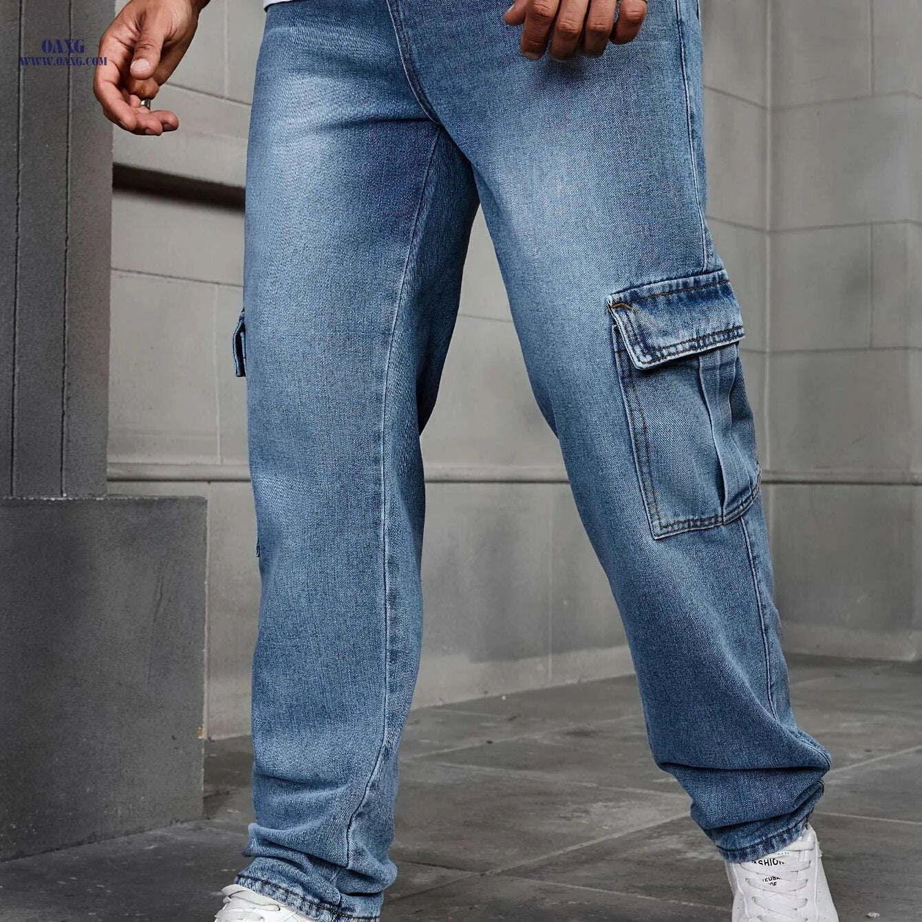 Men's Cargo Jeans - Straight-Leg Workwear with Utility Pockets   OAXG Light Blue / XS
