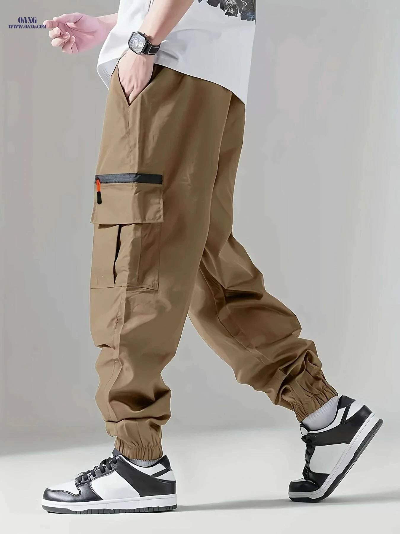Men's Cargo Pants - All-Season Solid Color, Loose Fit with Pockets   OAXG 