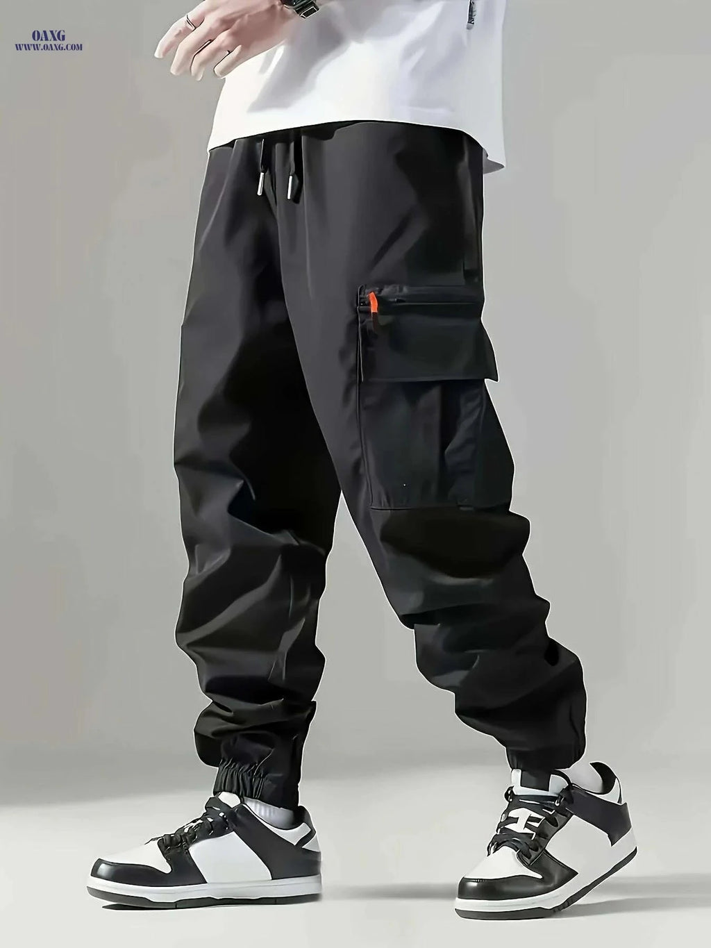 Men's Cargo Pants - All-Season Solid Color, Loose Fit with Pockets   OAXG Black / S