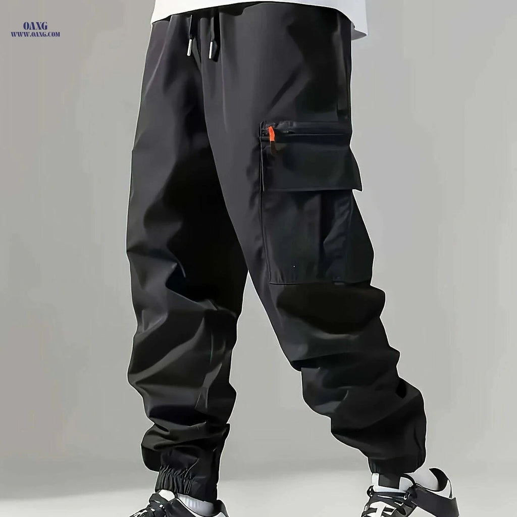 Men's Cargo Pants - All-Season Solid Color, Loose Fit with Pockets   OAXG Black / S