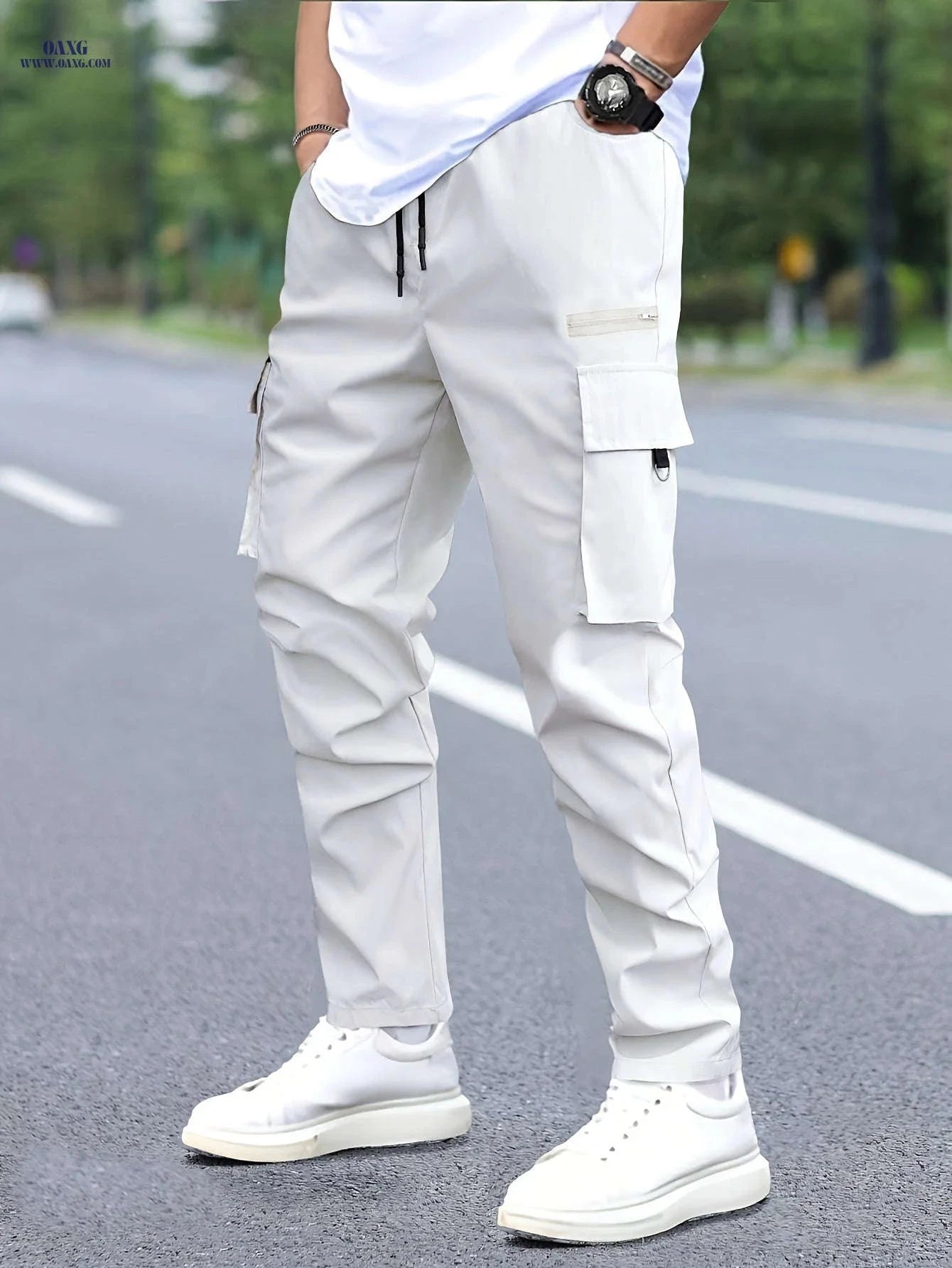 Men's Cargo Pants with Drawstring Waist - Durable All-Season Utility Style   OAXG 