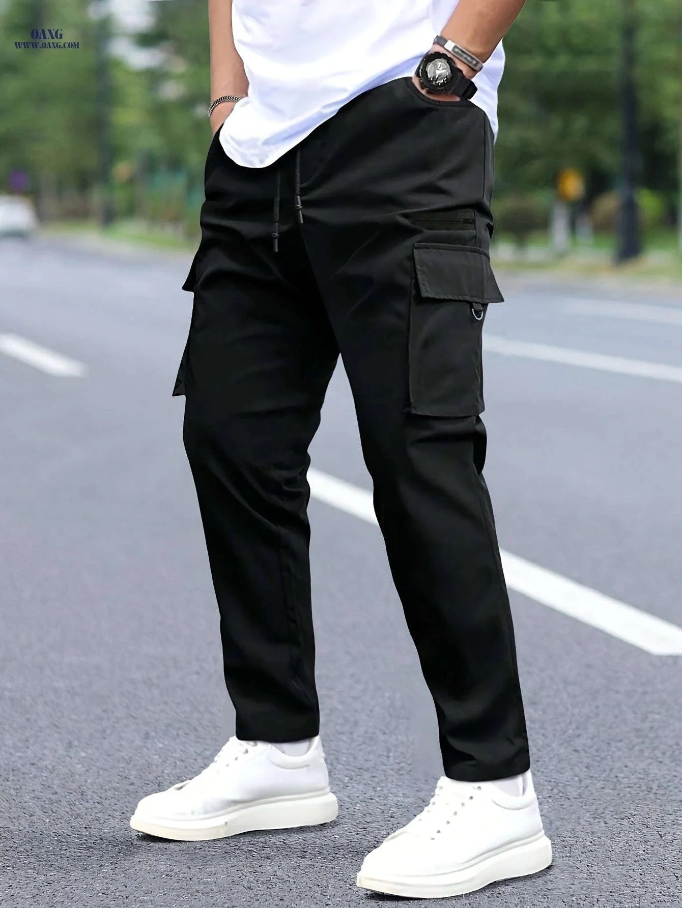 Men's Cargo Pants with Drawstring Waist - Durable All-Season Utility Style   OAXG Black / FR S