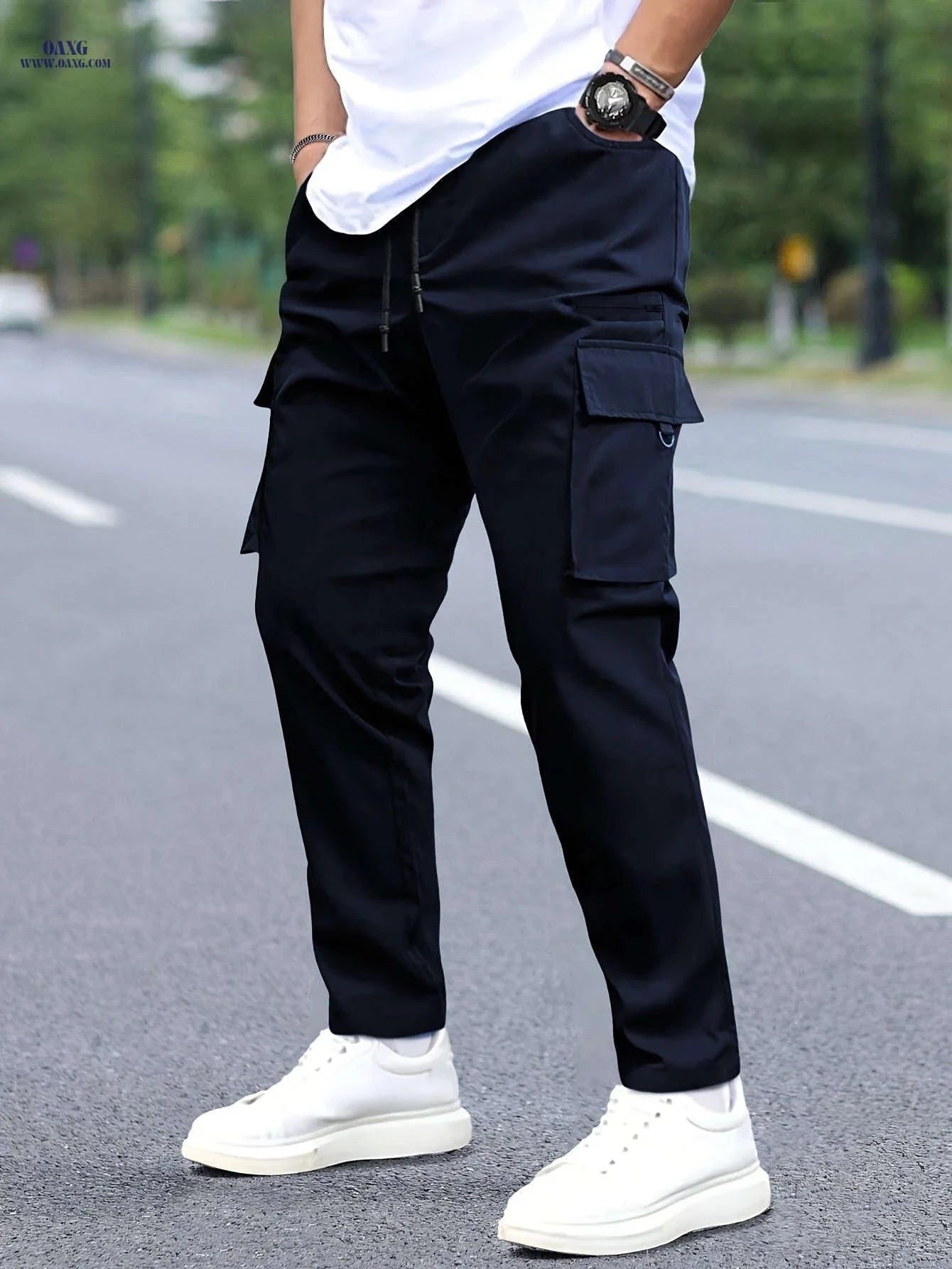 Men's Cargo Pants with Drawstring Waist - Durable All-Season Utility Style   OAXG Black / FR S