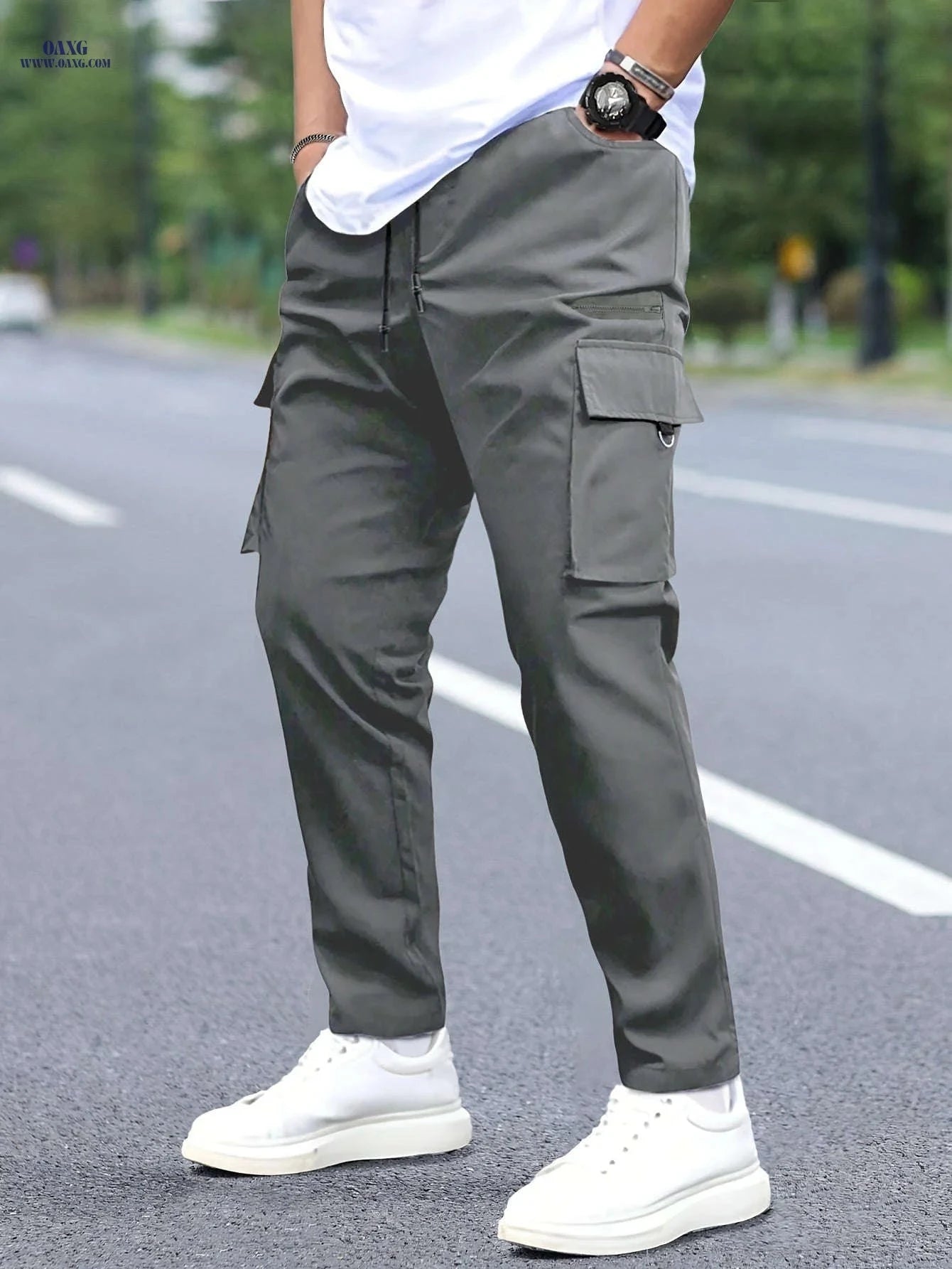Men's Cargo Pants with Drawstring Waist - Durable All-Season Utility Style   OAXG 
