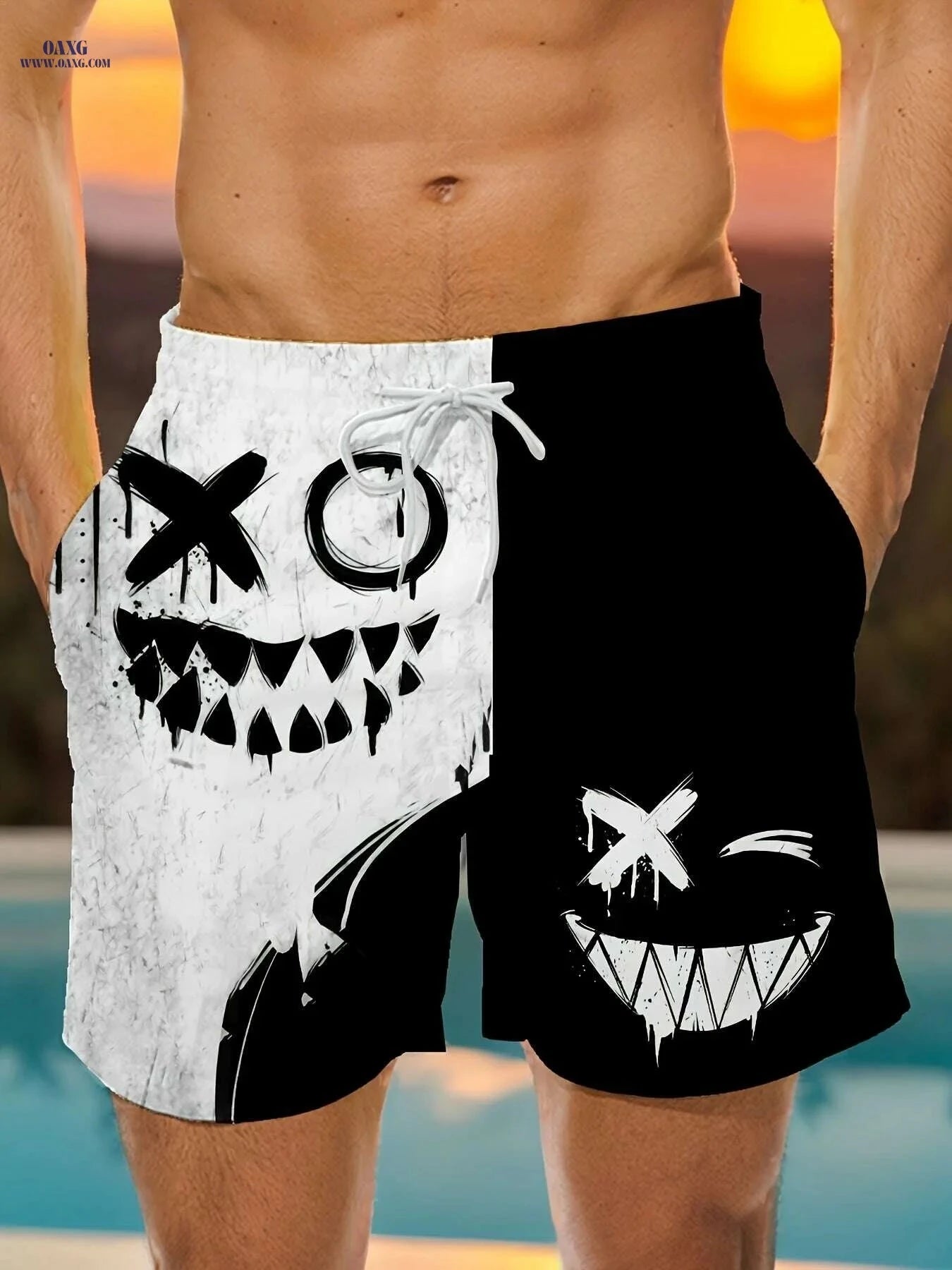 Men's Cartoon Graphic Beach Shorts - Quick-Dry, Adjustable Waist   OAXG 