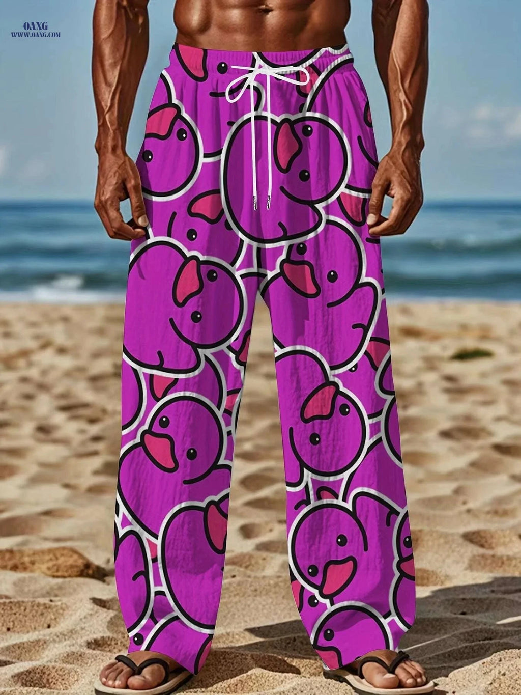 Men's Cartoon Print Pants - Yellow Duck, Casual Loose-Fit Design   OAXG 