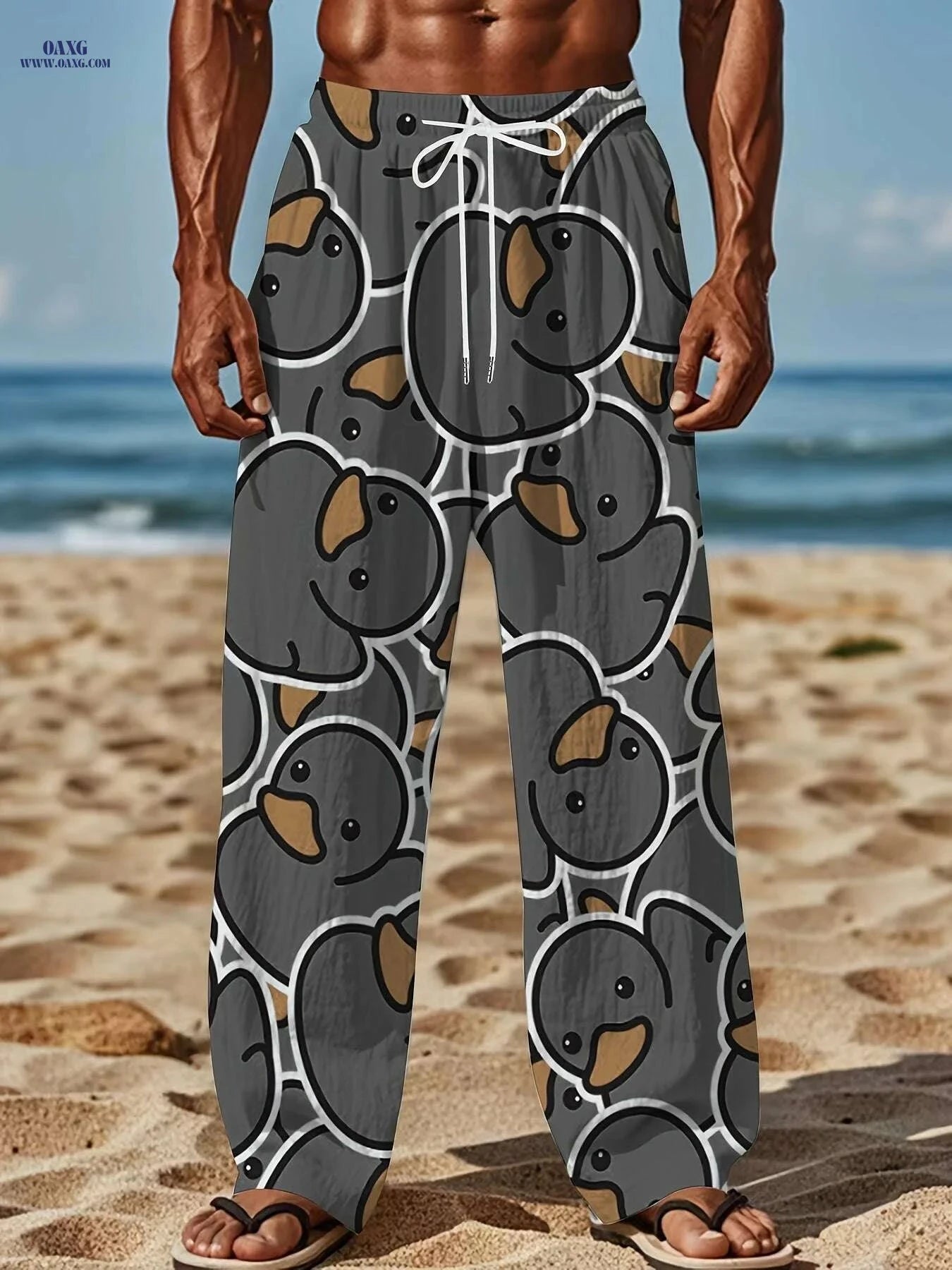 Men's Cartoon Print Pants - Yellow Duck, Casual Loose-Fit Design   OAXG Yellow / M