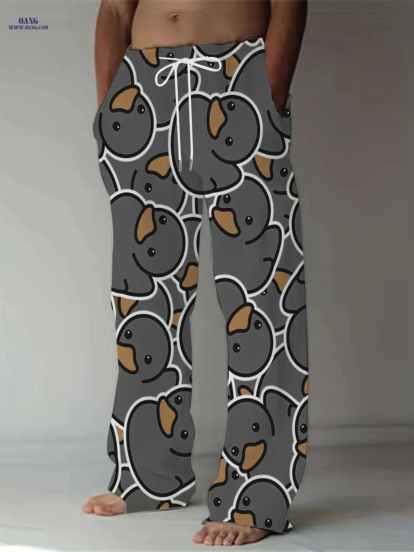 Men's Cartoon Print Pants - Yellow Duck, Casual Loose-Fit Design   OAXG Yellow / M