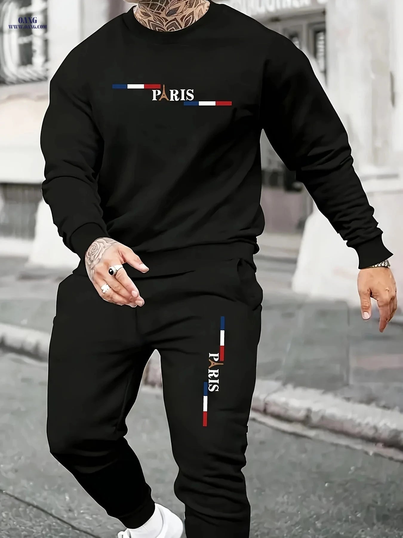 Men’s Casual 2-Piece Print Suit - Sweatshirt & Long Pants Set   OAXG Black / FR S