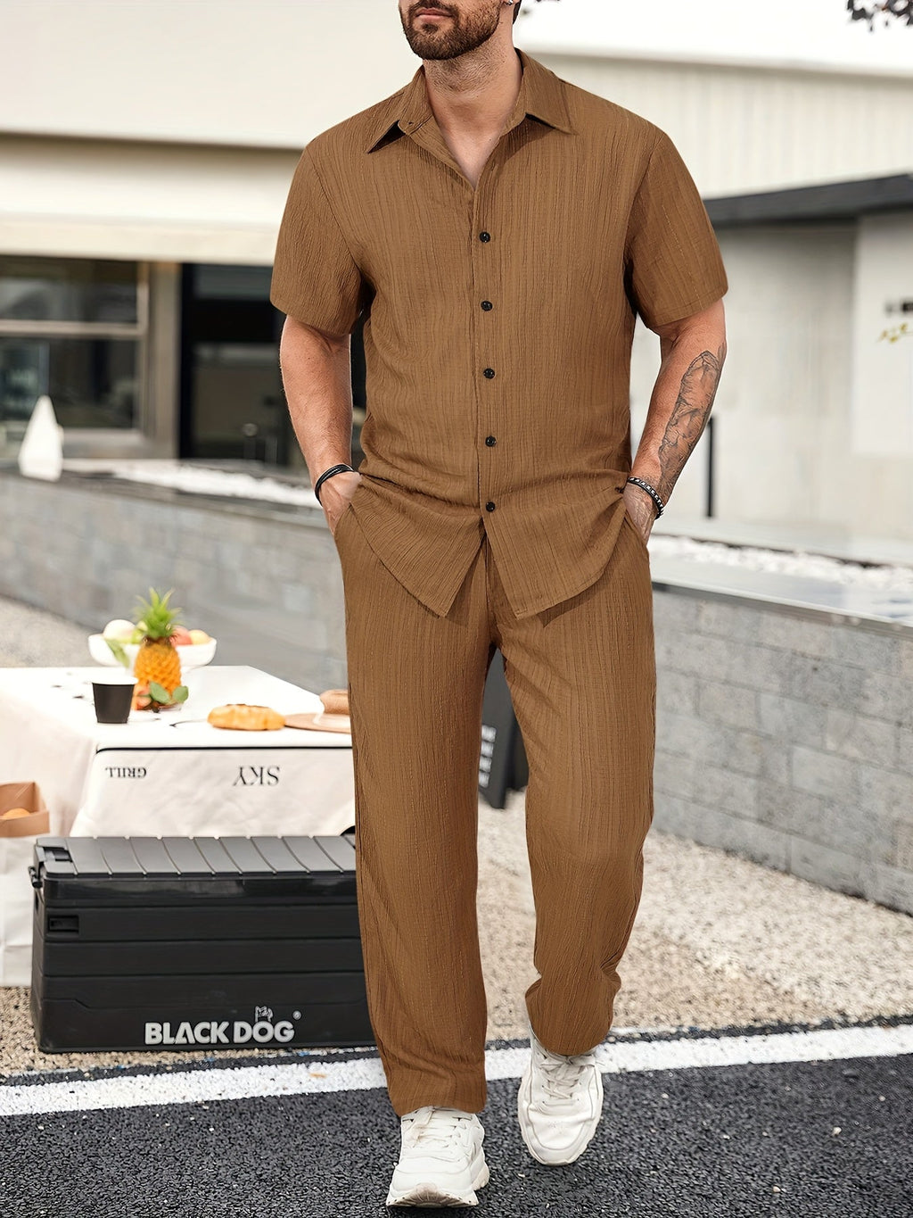 Men's Casual 2-Piece Summer Outfit - Breathable Shirt & Pants Set   OAXG Dark Brown / FR S