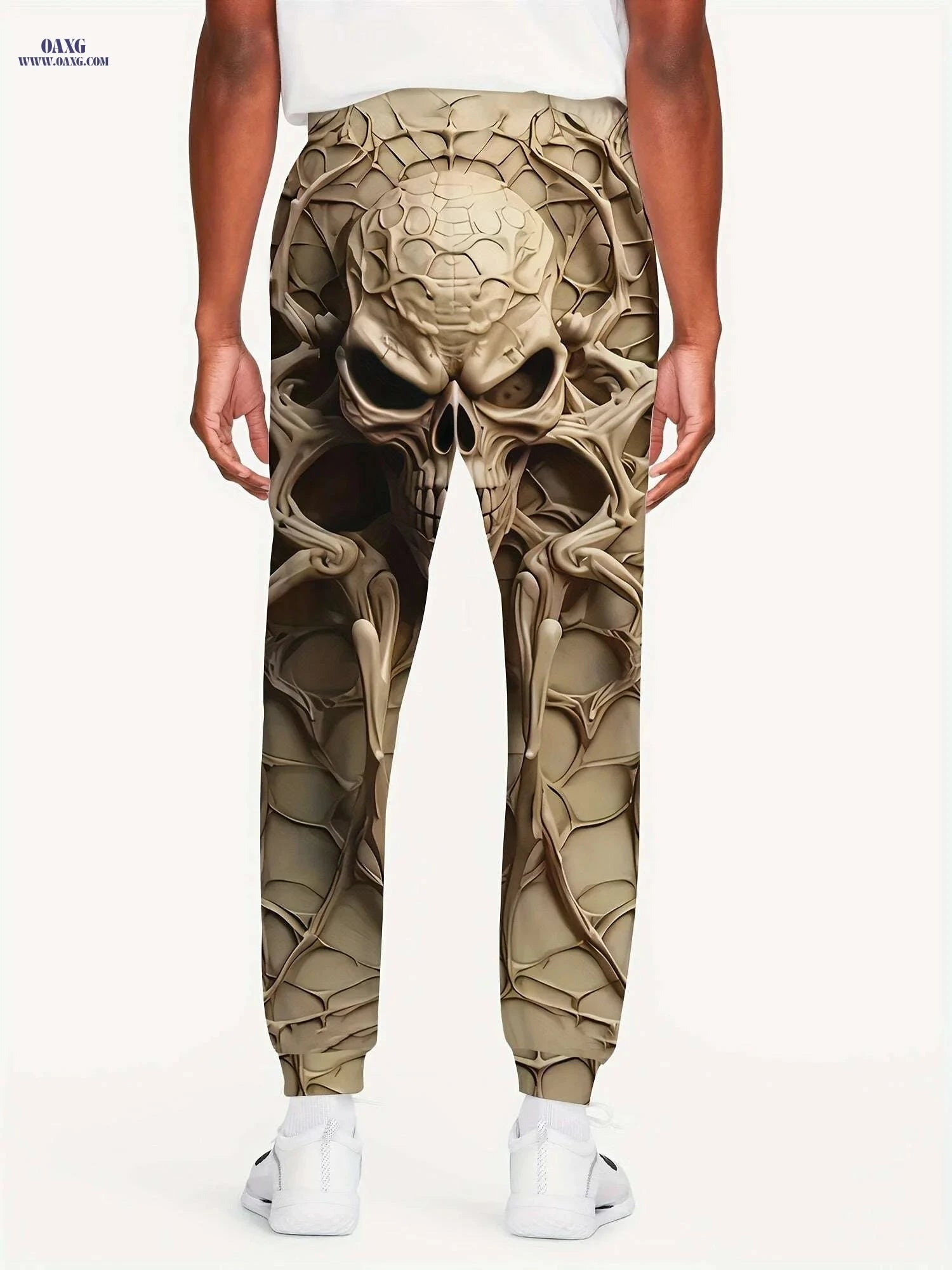 Men's Casual 3D Print Skull Running Pants - Regular Fit, Drawstring   OAXG Khaki / S