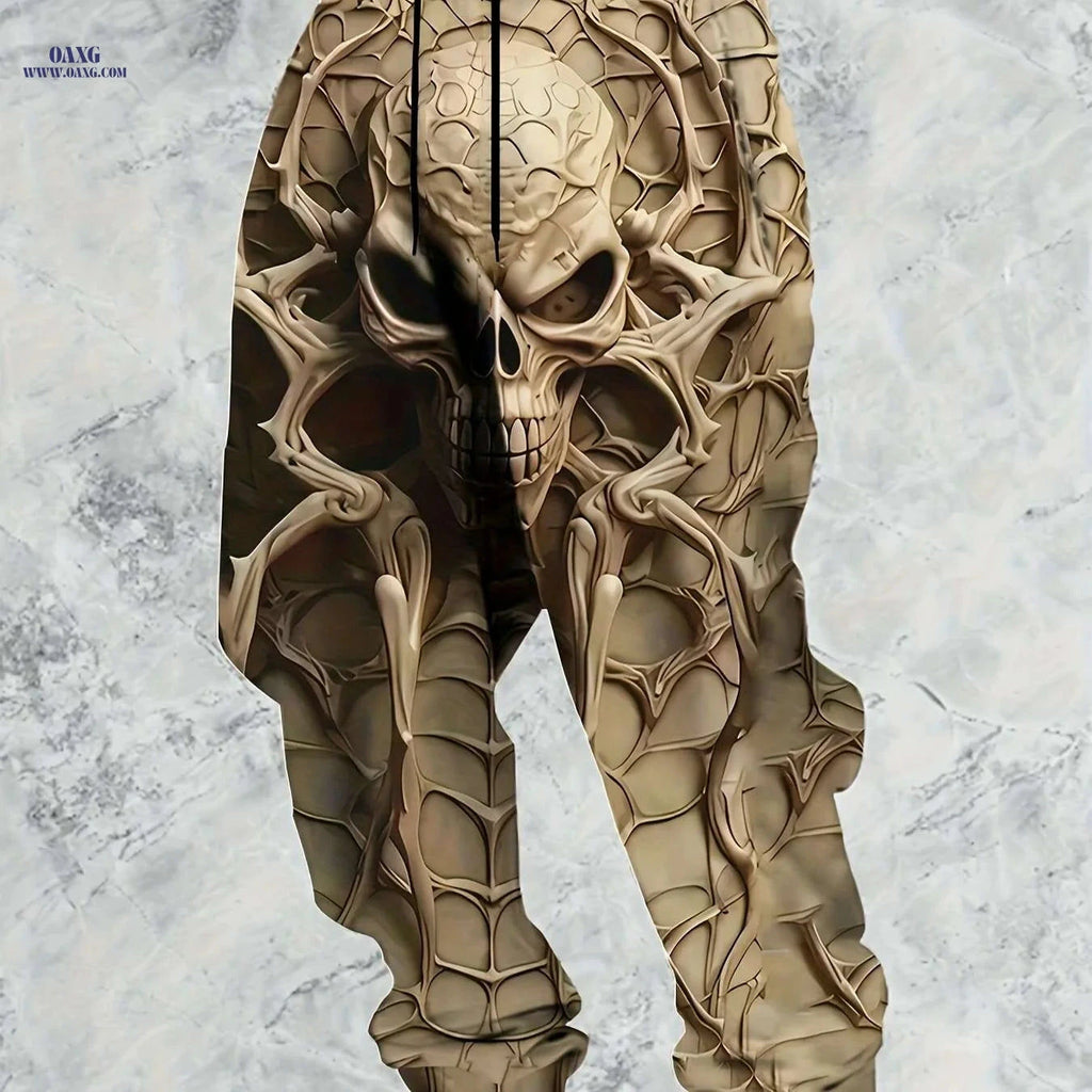 Men's Casual 3D Print Skull Running Pants - Regular Fit, Drawstring   OAXG Khaki / S