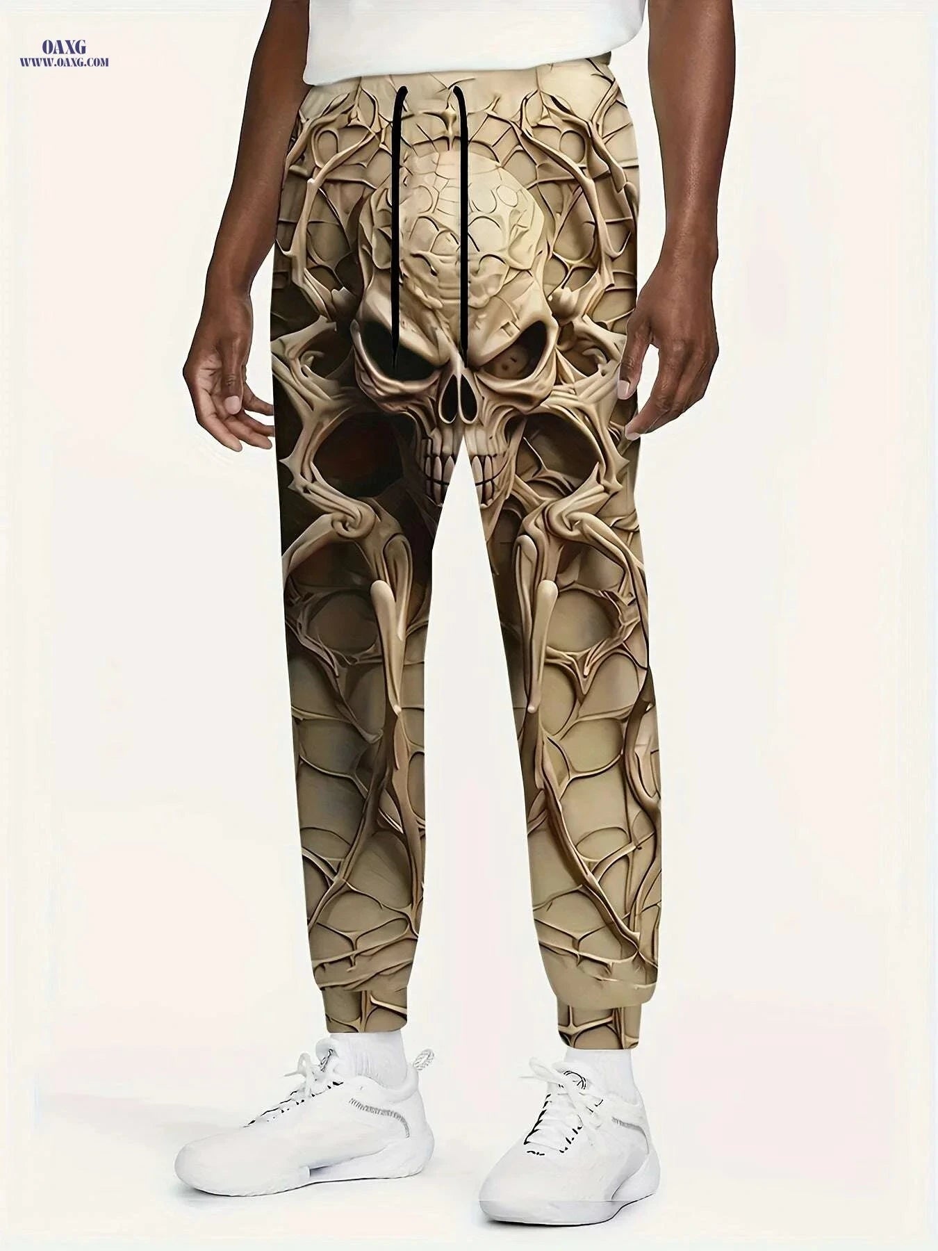 Men's Casual 3D Print Skull Running Pants - Regular Fit, Drawstring   OAXG Khaki / S