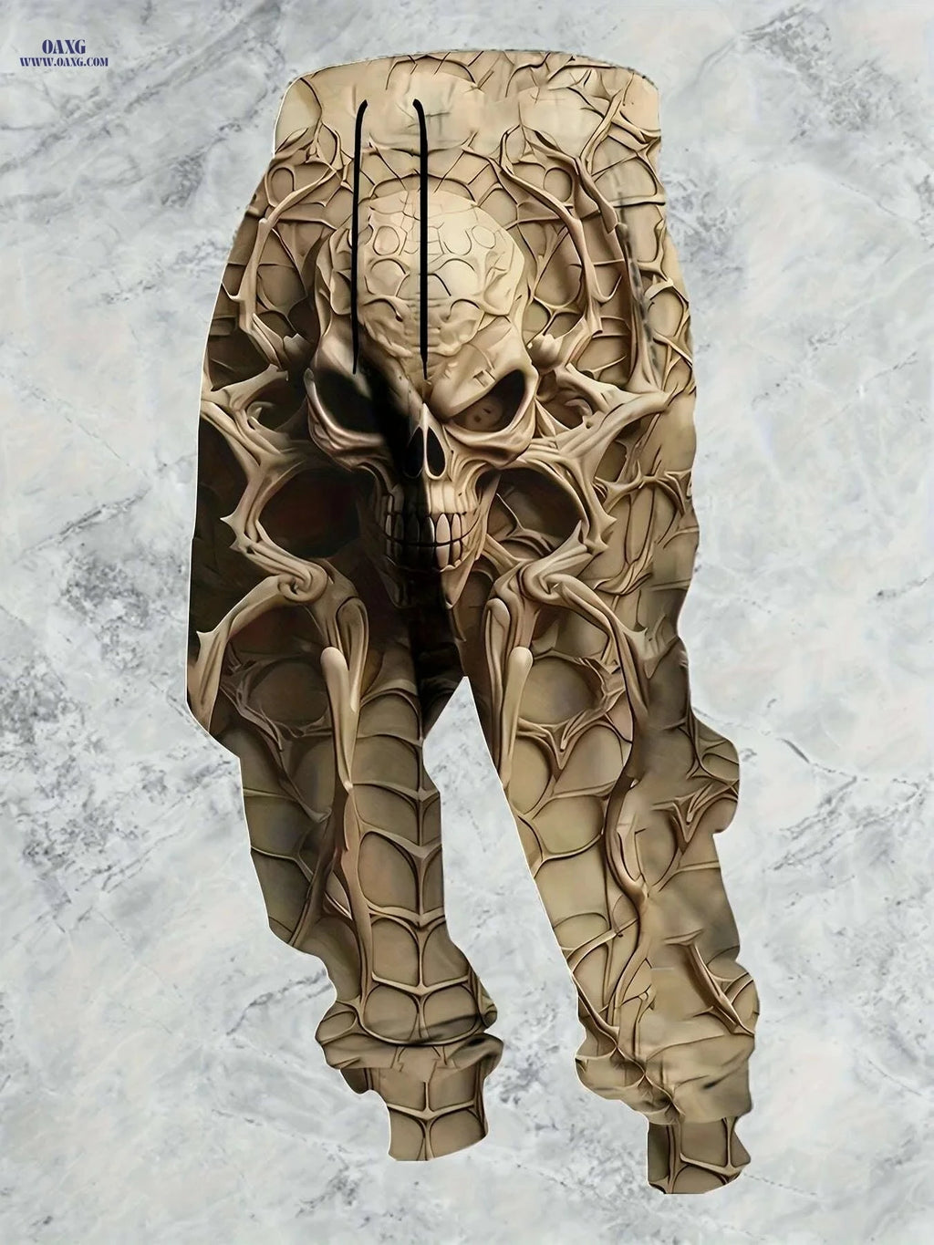 Men's Casual 3D Print Skull Running Pants - Regular Fit, Drawstring   OAXG Khaki / S