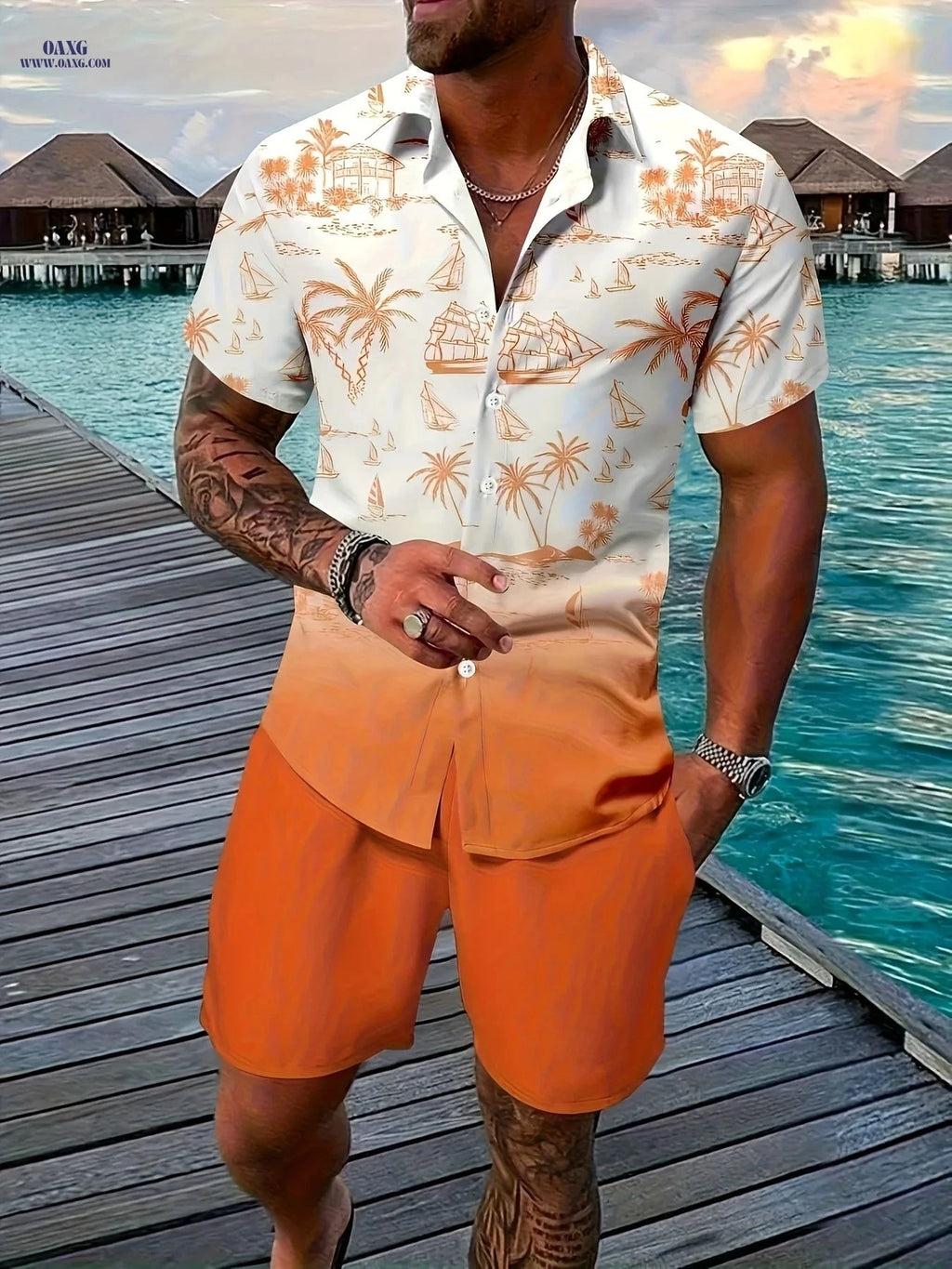 Men's Casual 3D Printed Lapel Shirt & Shorts Set - Summer Style   OAXG Green / FR S