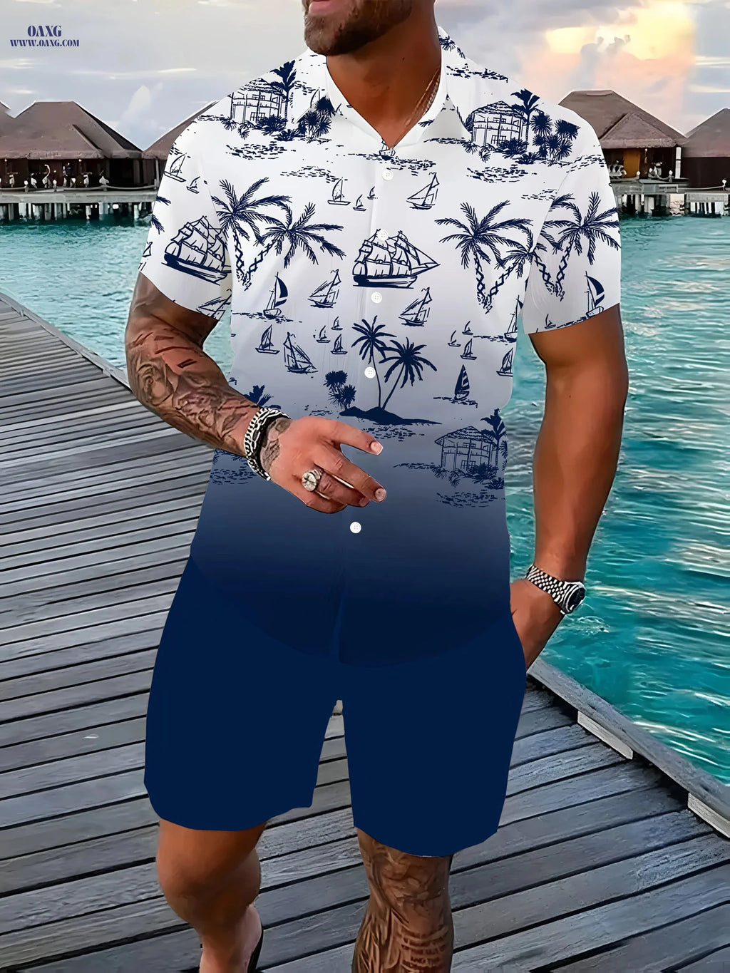 Men's Casual 3D Printed Lapel Shirt & Shorts Set - Summer Style   OAXG Green / FR S