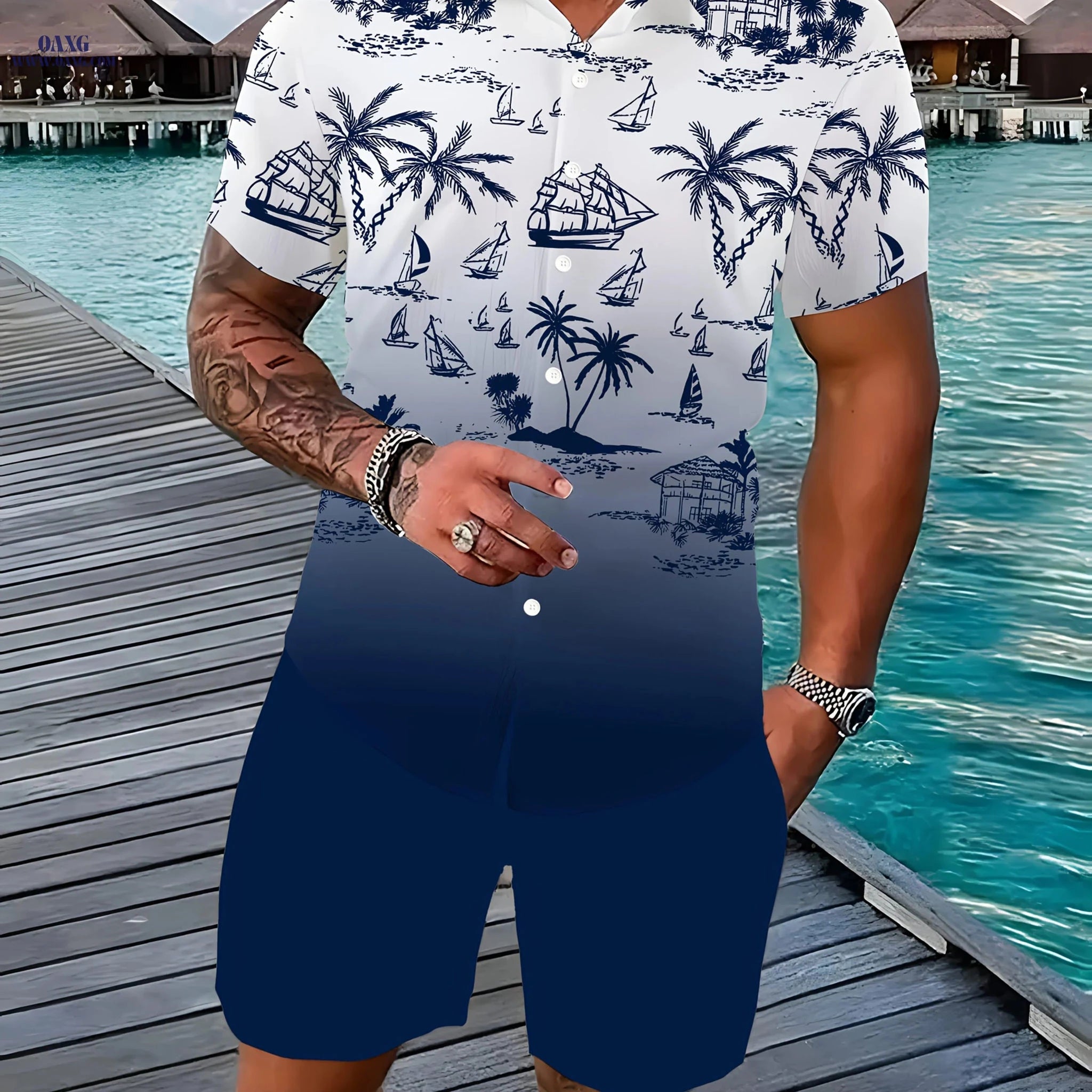 Men's Casual 3D Printed Lapel Shirt & Shorts Set - Summer Style   OAXG 