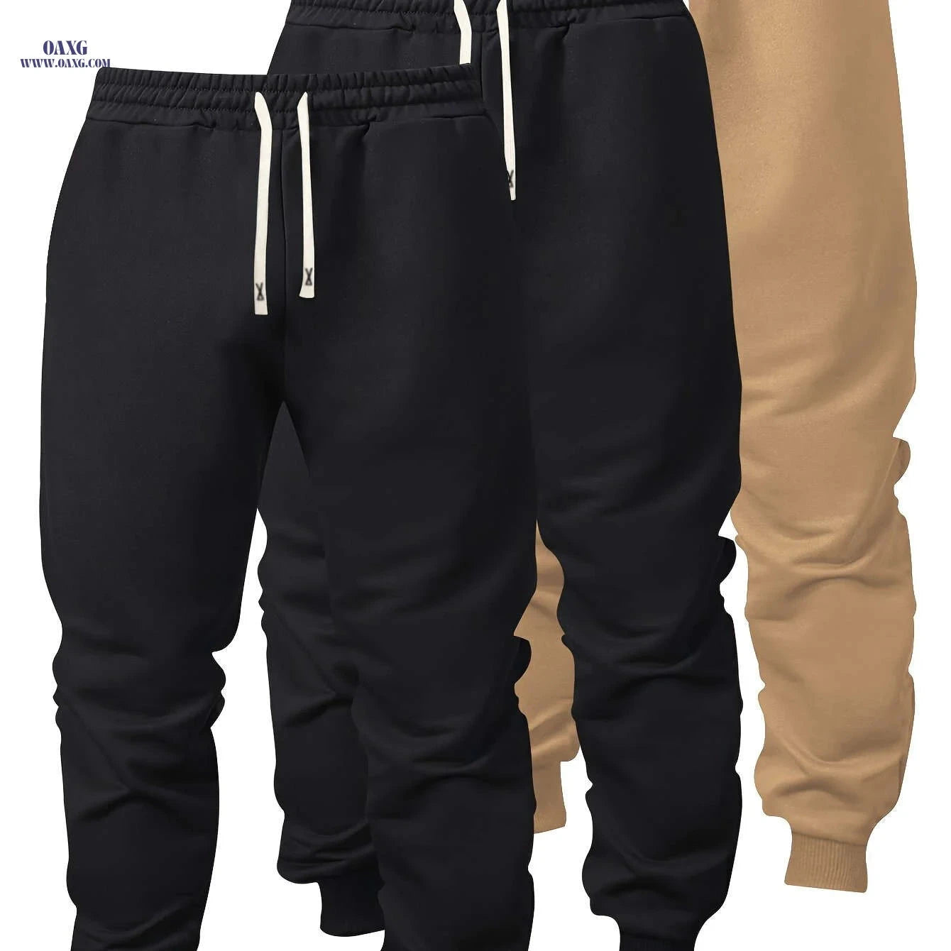 Men's Casual Athletic Pants - Solid Color, Elastic Waistband, Ribbed Cuff   OAXG 