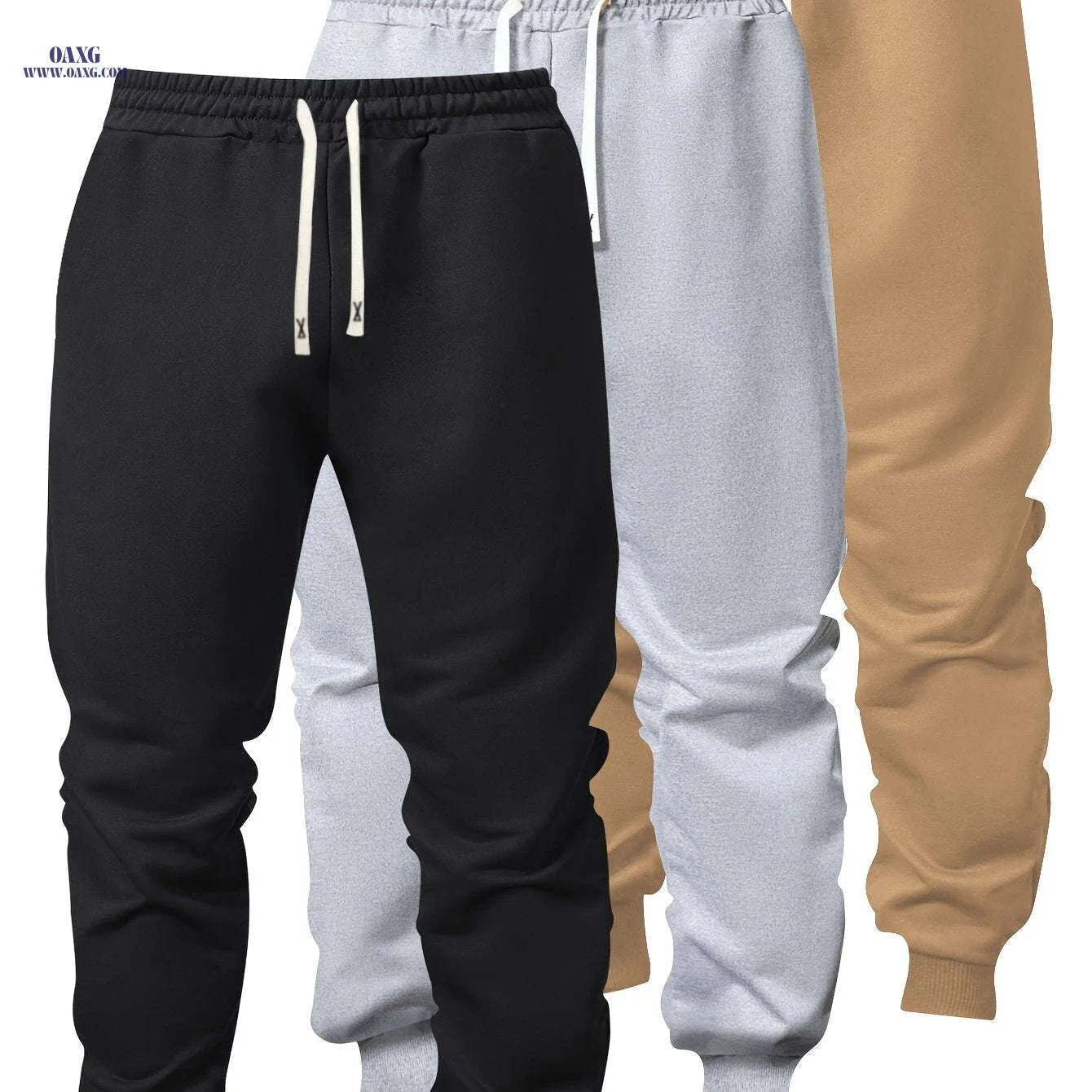 Men's Casual Athletic Pants - Solid Color, Elastic Waistband, Ribbed Cuff   OAXG 