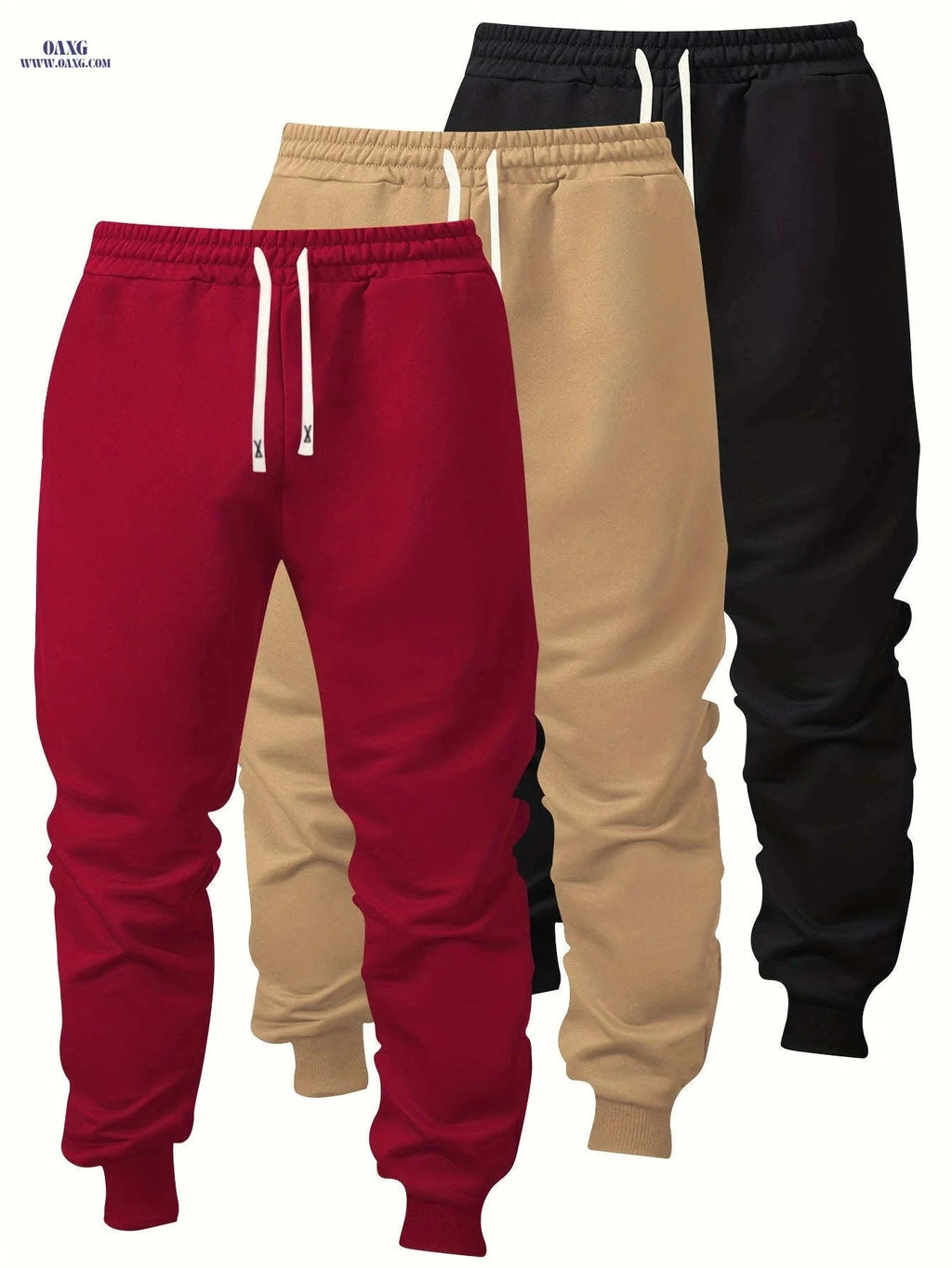 Men's Casual Athletic Pants - Solid Color, Elastic Waistband, Ribbed Cuff   OAXG 