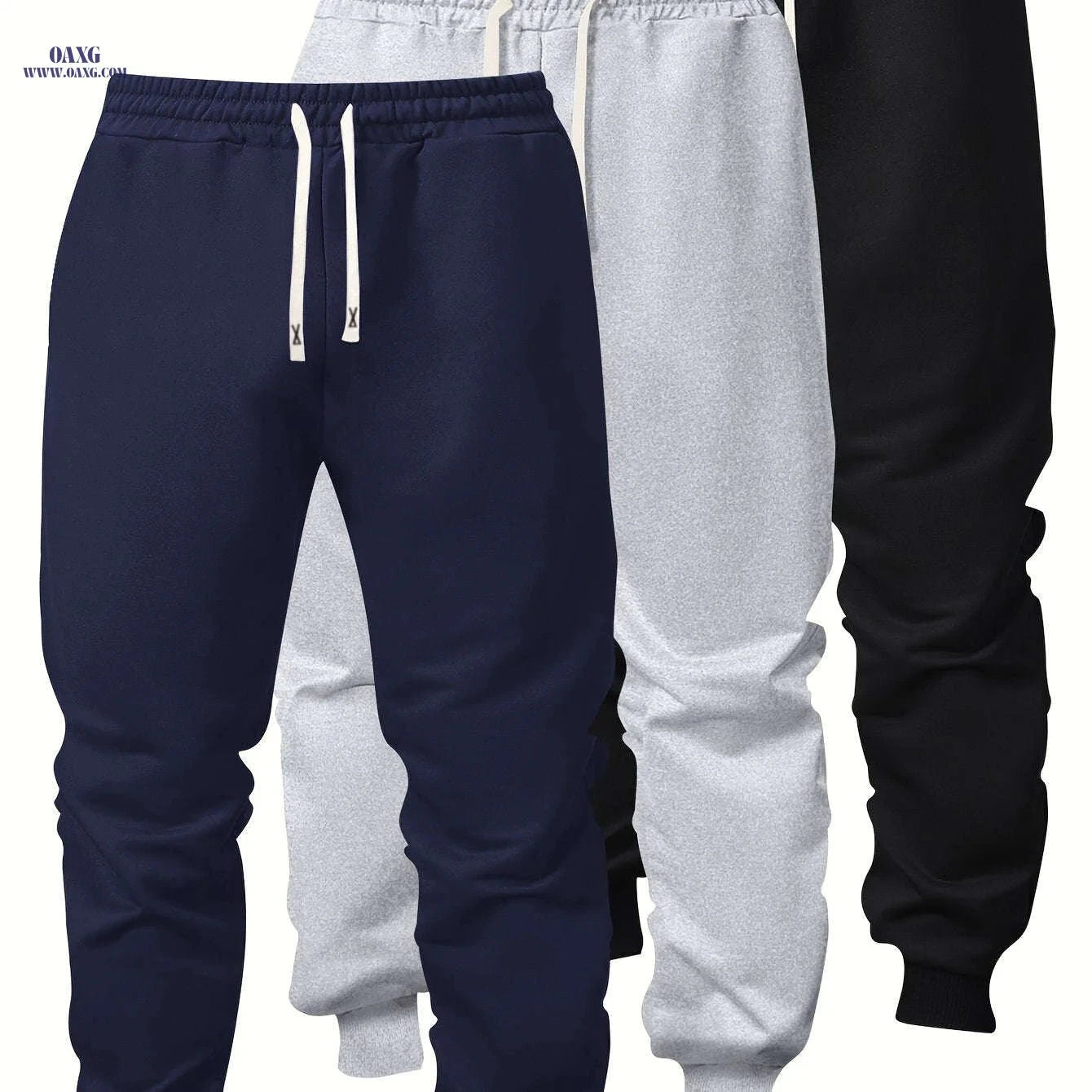 Men's Casual Athletic Pants - Solid Color, Elastic Waistband, Ribbed Cuff   OAXG 