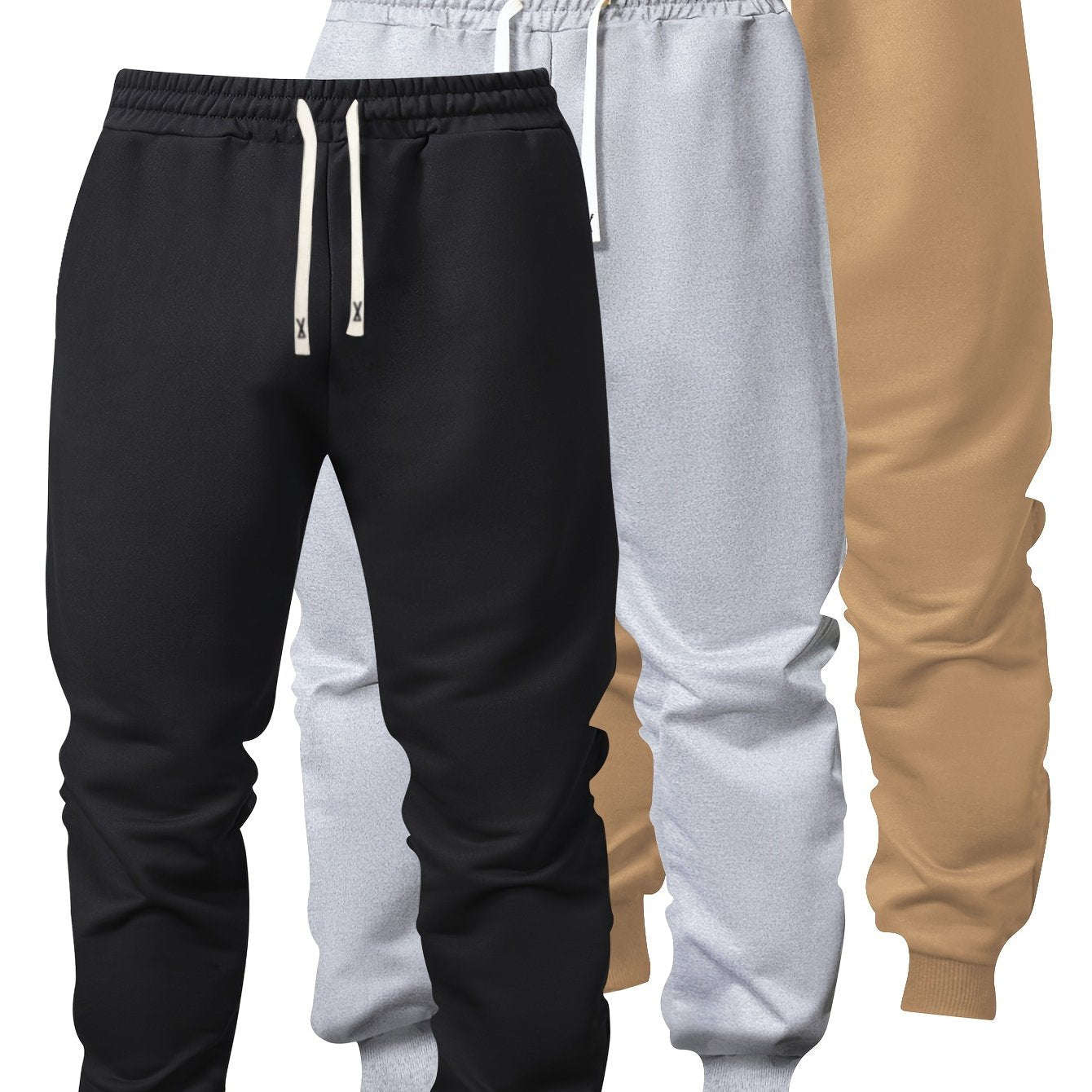 Men's Casual Athletic Pants - Solid Color, Elastic Waistband, Ribbed Cuff   OAXG 
