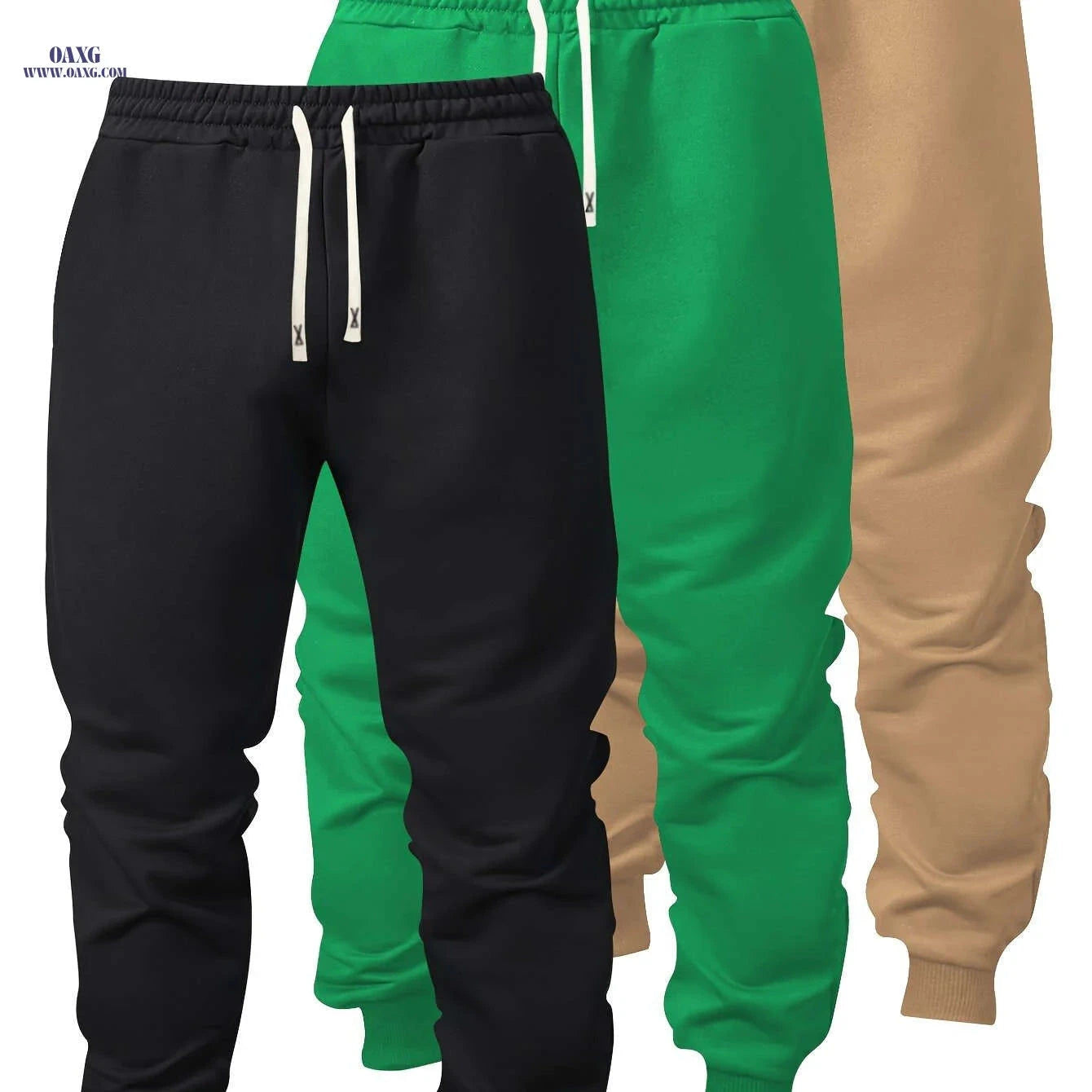 Men's Casual Athletic Pants - Solid Color, Elastic Waistband, Ribbed Cuff   OAXG 